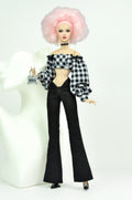OFF DUTY | DEPOSIT - Black & White Gingham Puff-Sleeve Crop Top with High-Waist Flared Pants Fashion Royalty 6.0 Doll Clothes