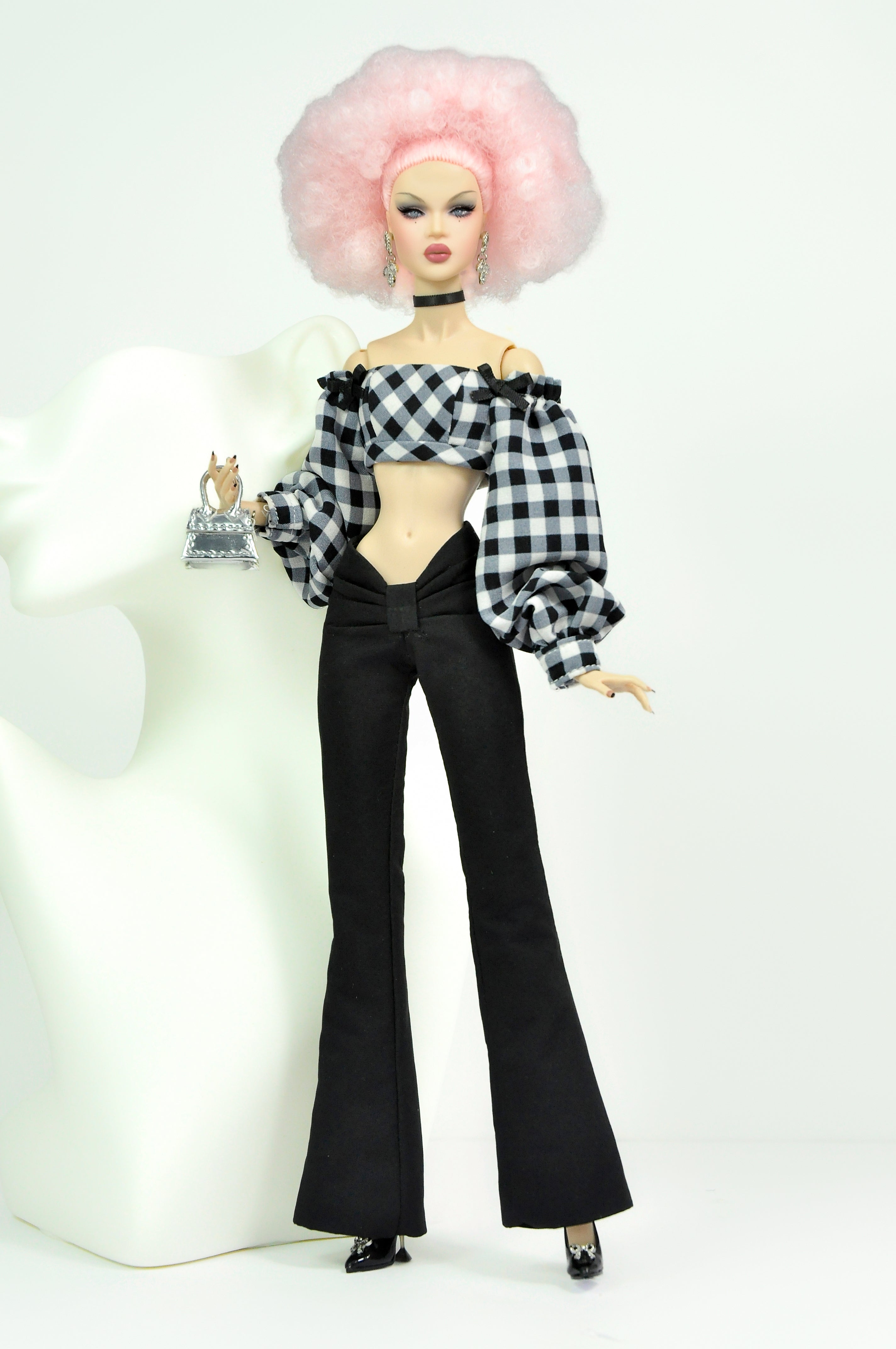 OFF DUTY | DEPOSIT - Black & White Gingham Puff-Sleeve Crop Top with High-Waist Flared Pants Fashion Royalty 6.0 Doll Clothes