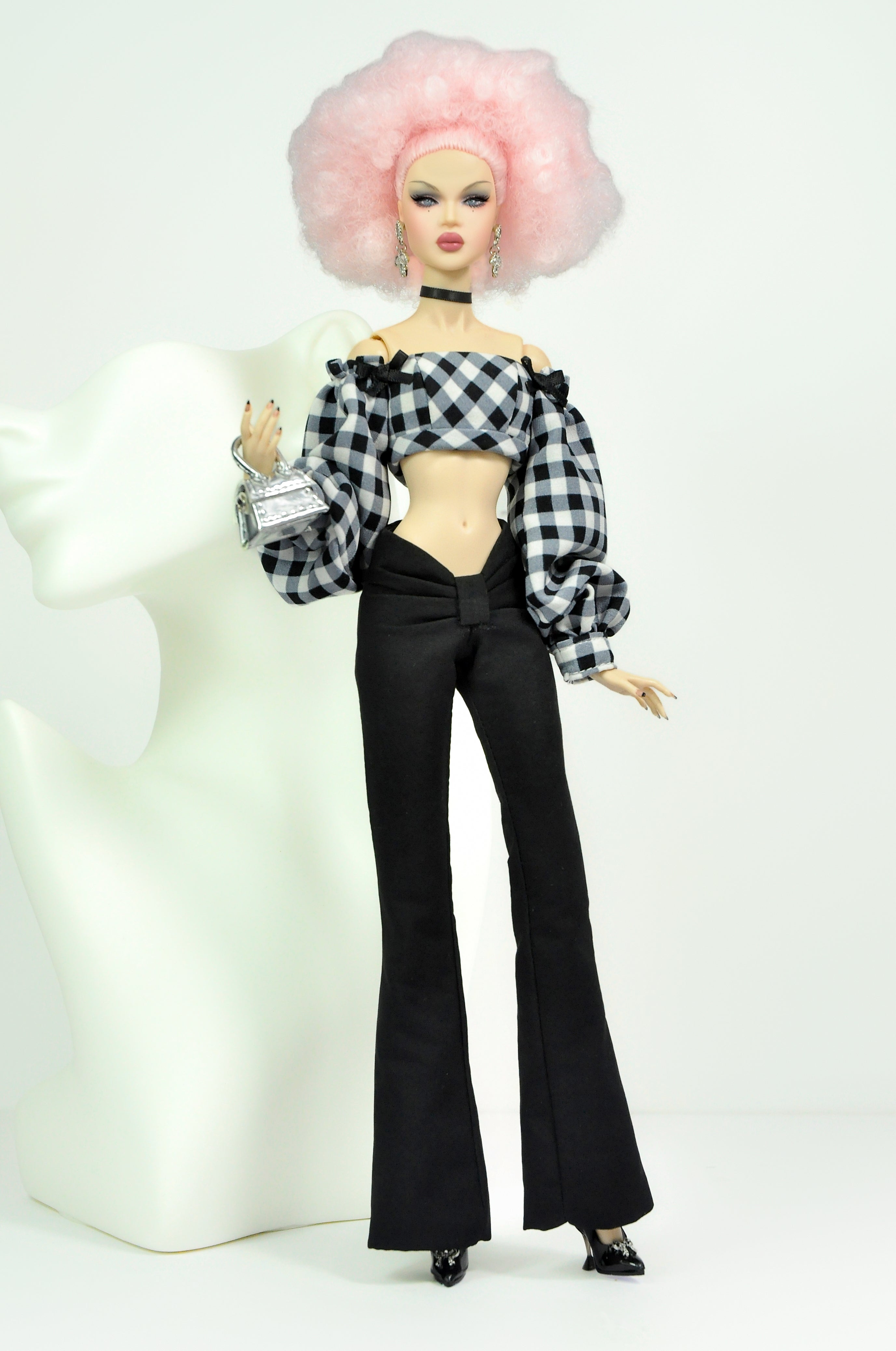 OFF DUTY | DEPOSIT - Black & White Gingham Puff-Sleeve Crop Top with High-Waist Flared Pants Fashion Royalty 6.0 Doll Clothes