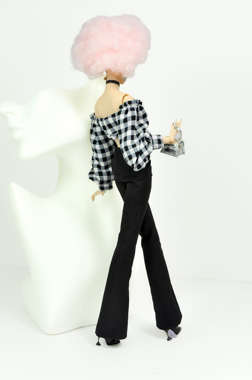 OFF DUTY | DEPOSIT - Black & White Gingham Puff-Sleeve Crop Top with High-Waist Flared Pants Fashion Royalty 6.0 Doll Clothes