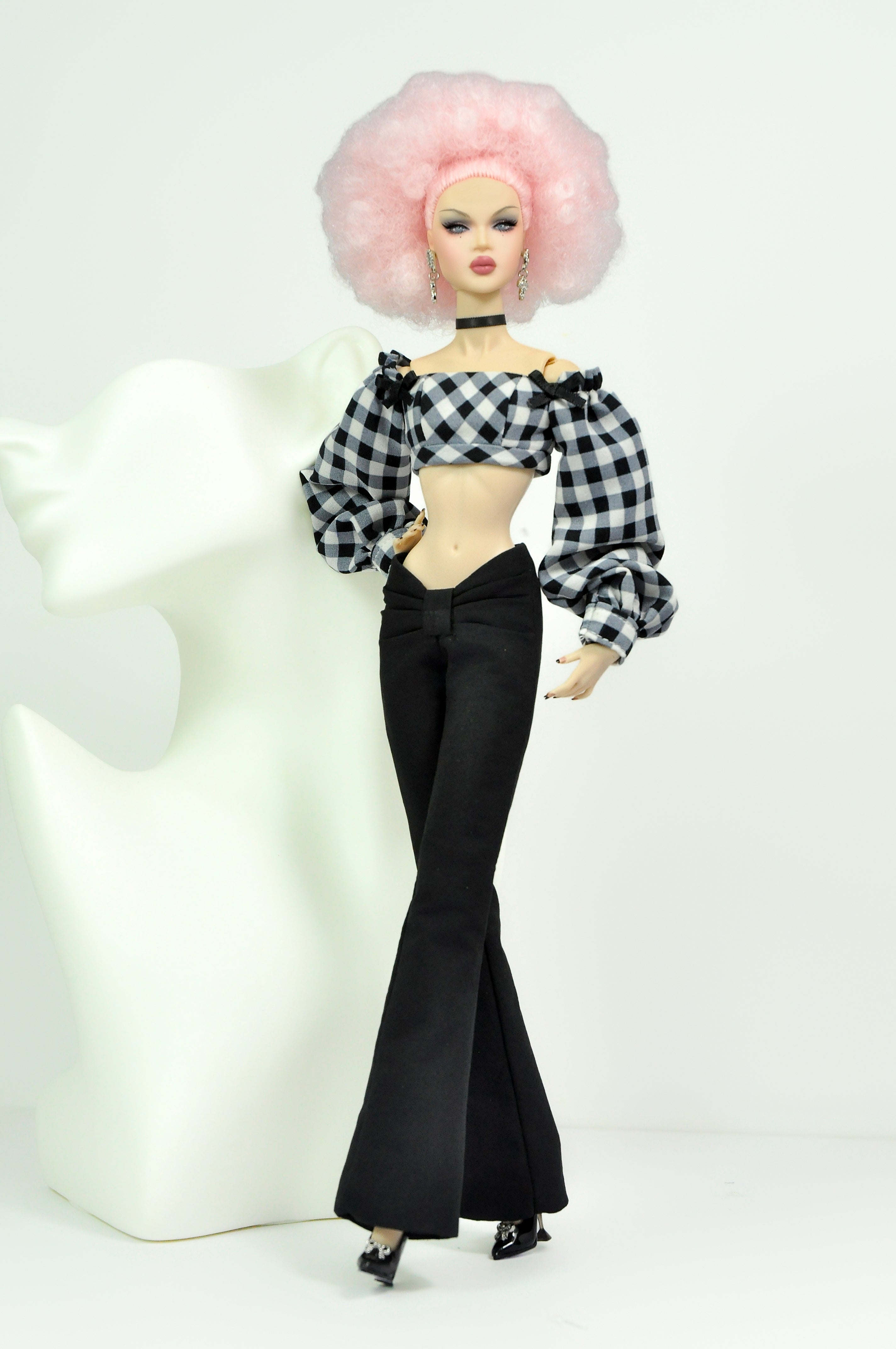OFF DUTY | DEPOSIT - Black & White Gingham Puff-Sleeve Crop Top with High-Waist Flared Pants Fashion Royalty 6.0 Doll Clothes