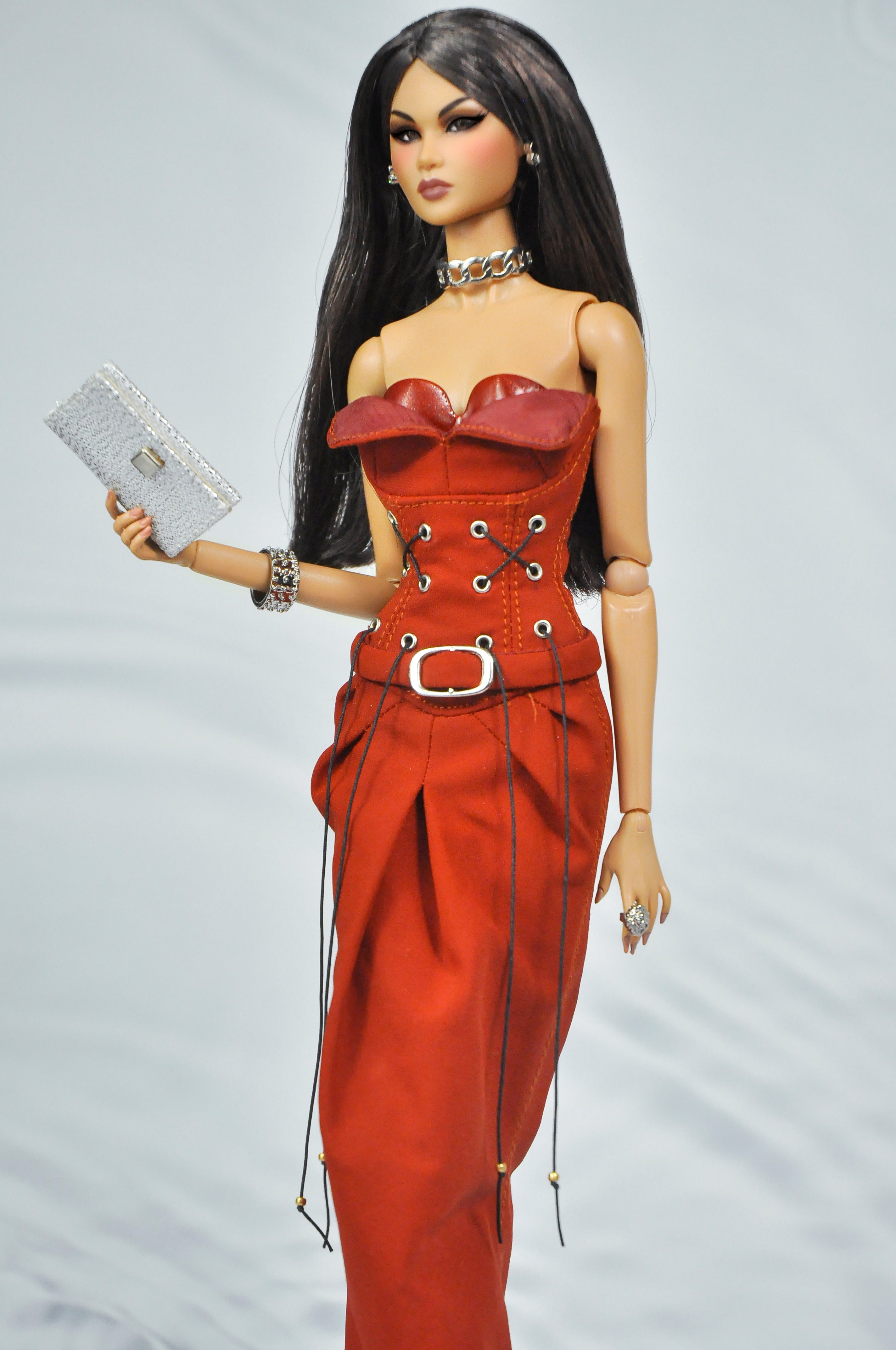 INTIMATE REVEALS | Corset Evening Gown for Fashion Royalty Dolls – Red Mermaid Dress with Silver Accessories 1/6 Scale