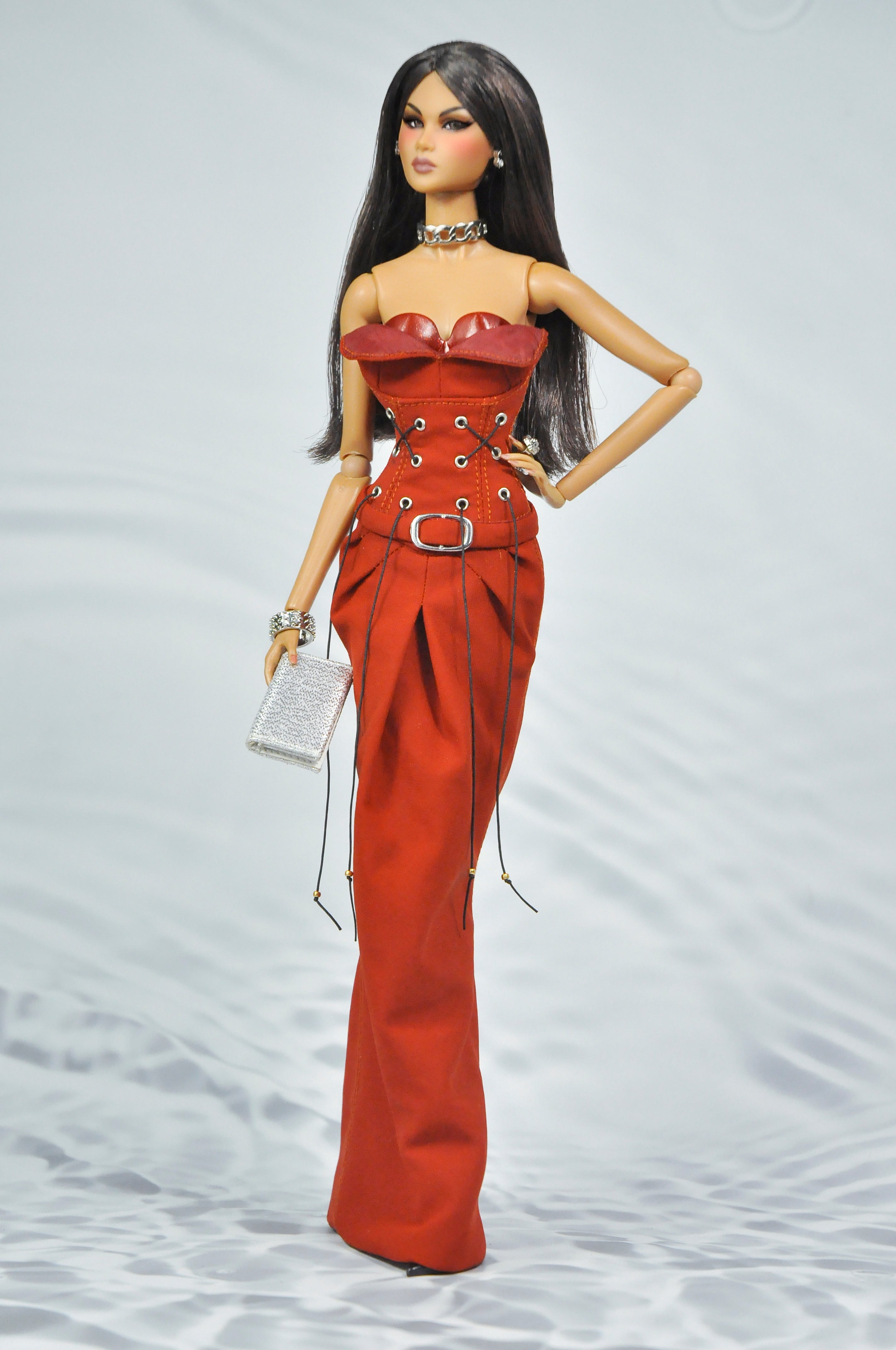 INTIMATE REVEALS | Corset Evening Gown for Fashion Royalty Dolls – Red Mermaid Dress with Silver Accessories 1/6 Scale