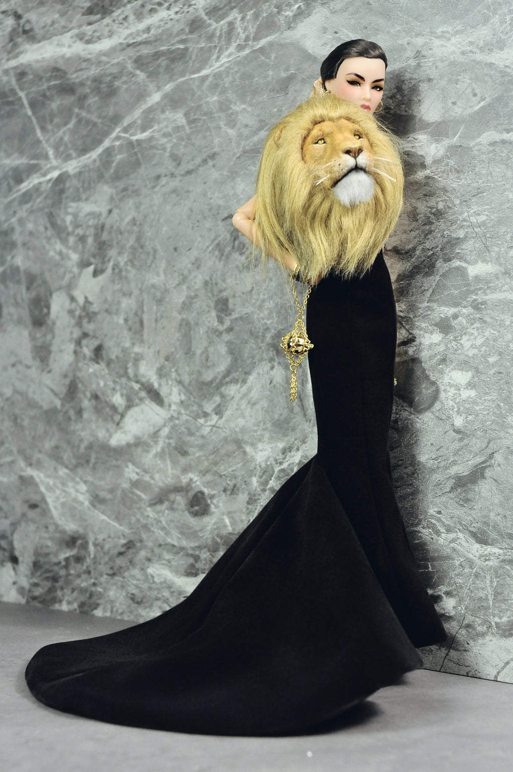 FANTASY OF OZ | Black Couture Mermaid Gown with Lion Fur Collar for Fashion Royalty 6.0 Doll | Handmade Evening Dress | Tsquared2 Couture Doll Clothes