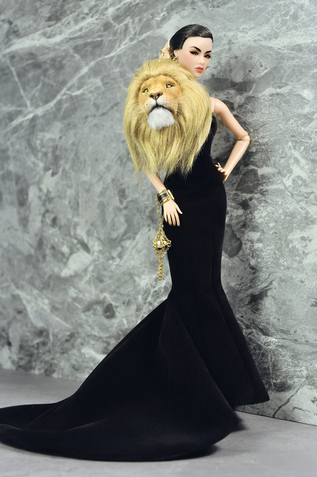 FANTASY OF OZ | Black Couture Mermaid Gown with Lion Fur Collar for Fashion Royalty 6.0 Doll | Handmade Evening Dress | Tsquared2 Couture Doll Clothes