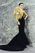 FANTASY OF OZ | Black Couture Mermaid Gown with Lion Fur Collar for Fashion Royalty 6.0 Doll | Handmade Evening Dress | Tsquared2 Couture Doll Clothes