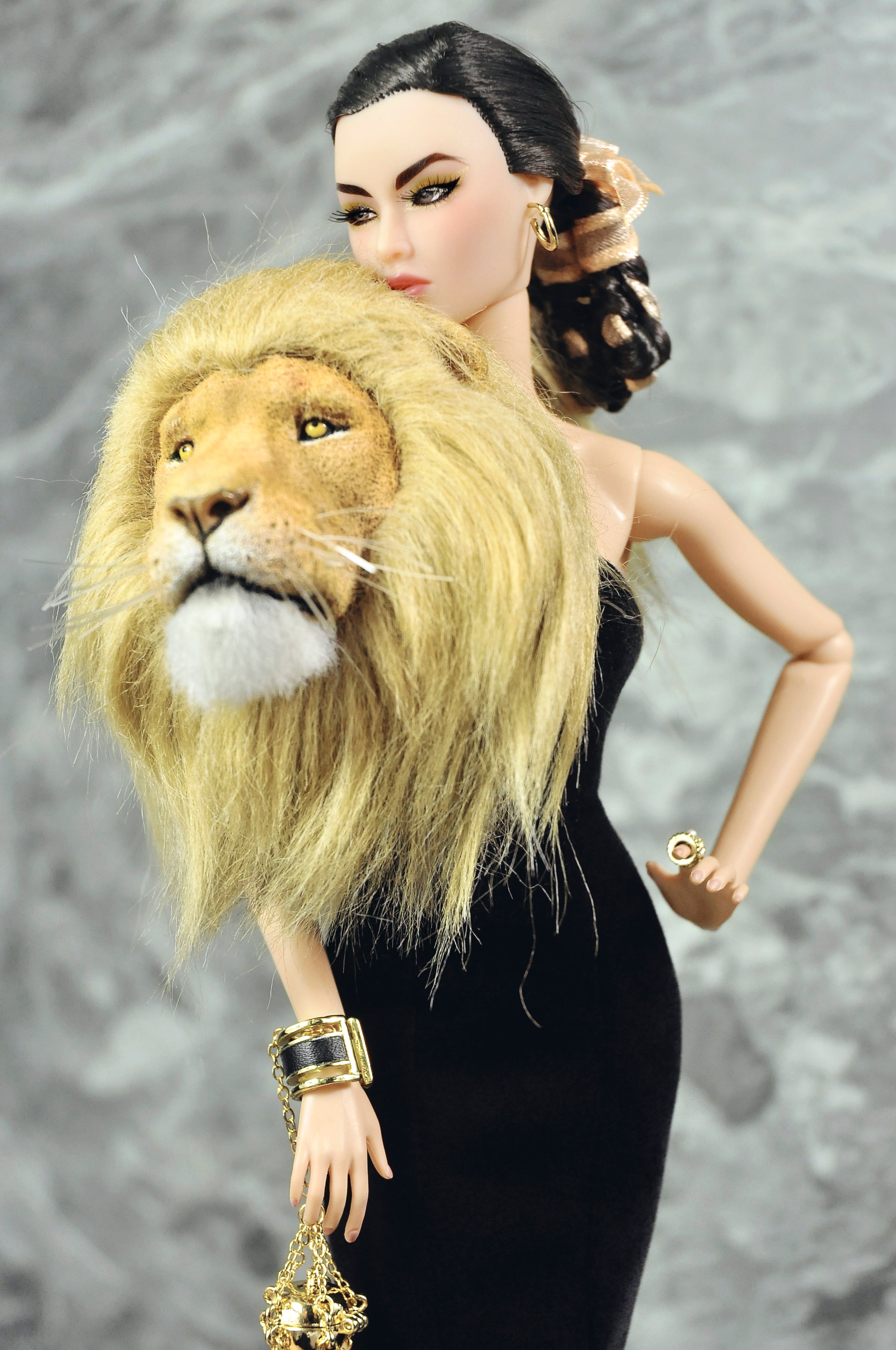 FANTASY OF OZ | Black Couture Mermaid Gown with Lion Fur Collar for Fashion Royalty 6.0 Doll | Handmade Evening Dress | Tsquared2 Couture Doll Clothes