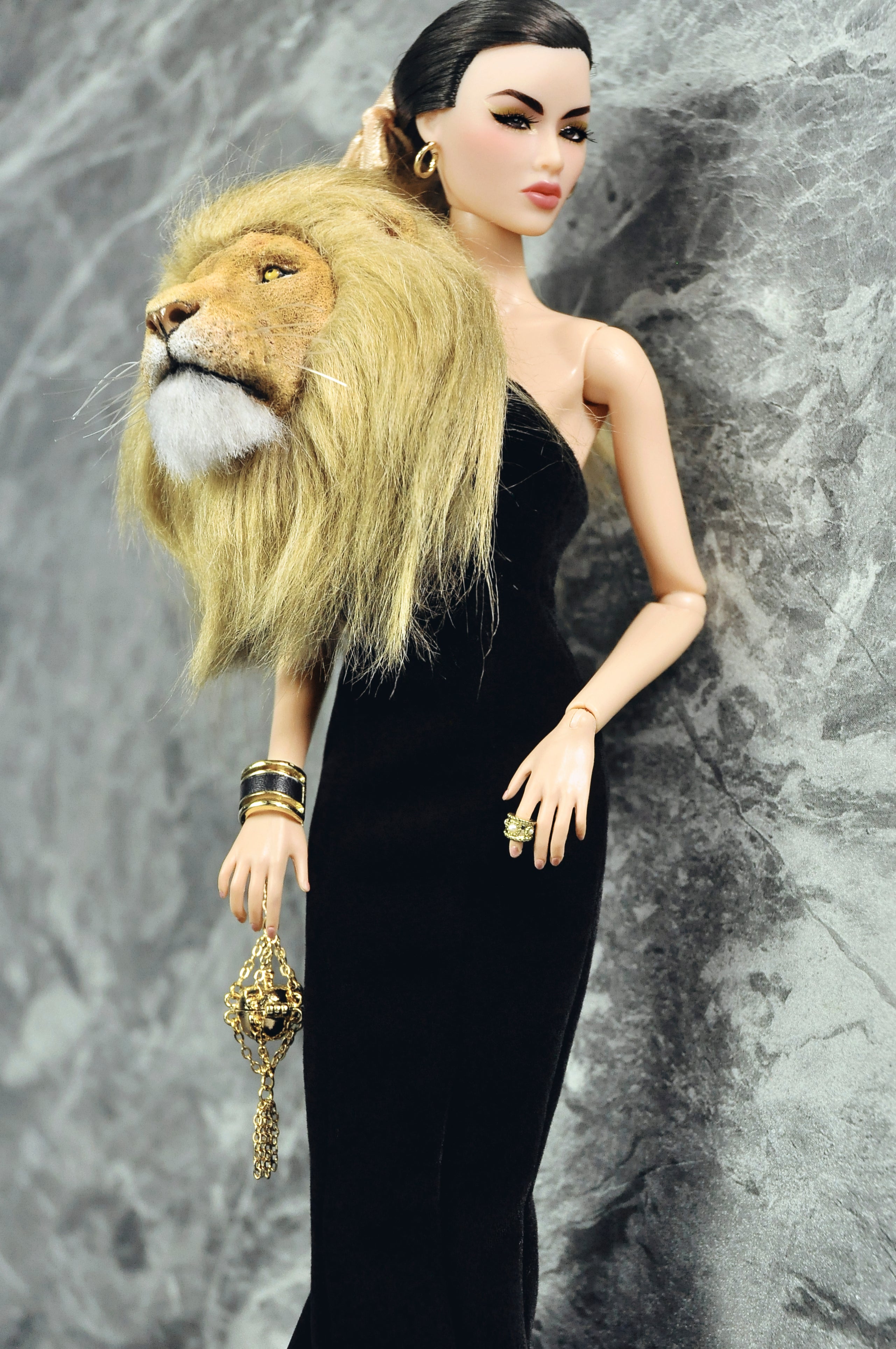 FANTASY OF OZ | Black Couture Mermaid Gown with Lion Fur Collar for Fashion Royalty 6.0 Doll | Handmade Evening Dress | Tsquared2 Couture Doll Clothes