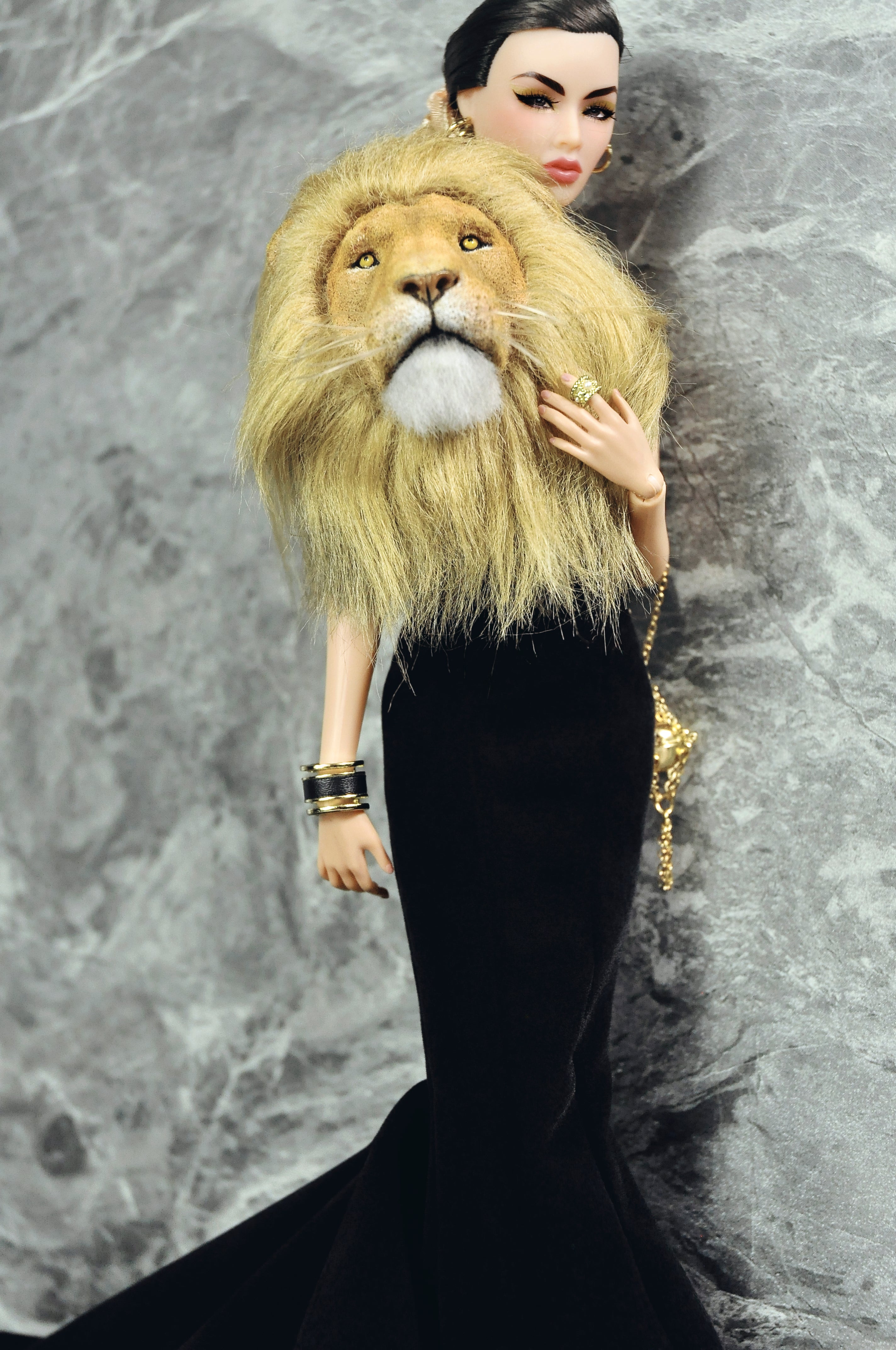 FANTASY OF OZ | Black Couture Mermaid Gown with Lion Fur Collar for Fashion Royalty 6.0 Doll | Handmade Evening Dress | Tsquared2 Couture Doll Clothes