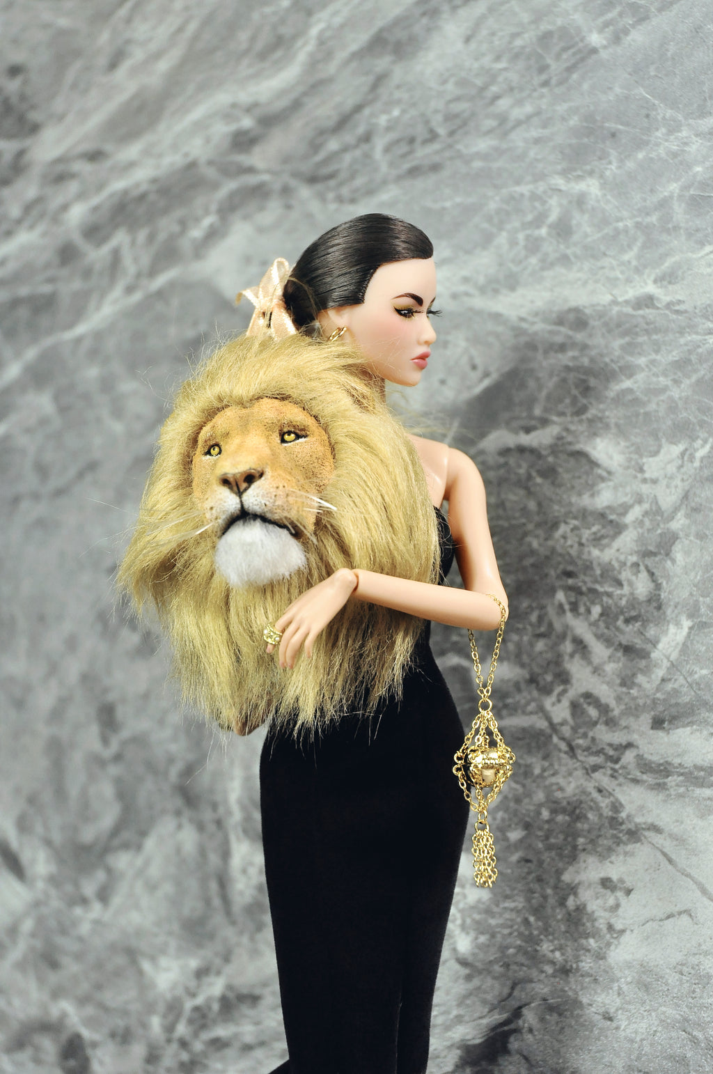 FANTASY OF OZ | Black Couture Mermaid Gown with Lion Fur Collar for Fashion Royalty 6.0 Doll | Handmade Evening Dress | Tsquared2 Couture Doll Clothes