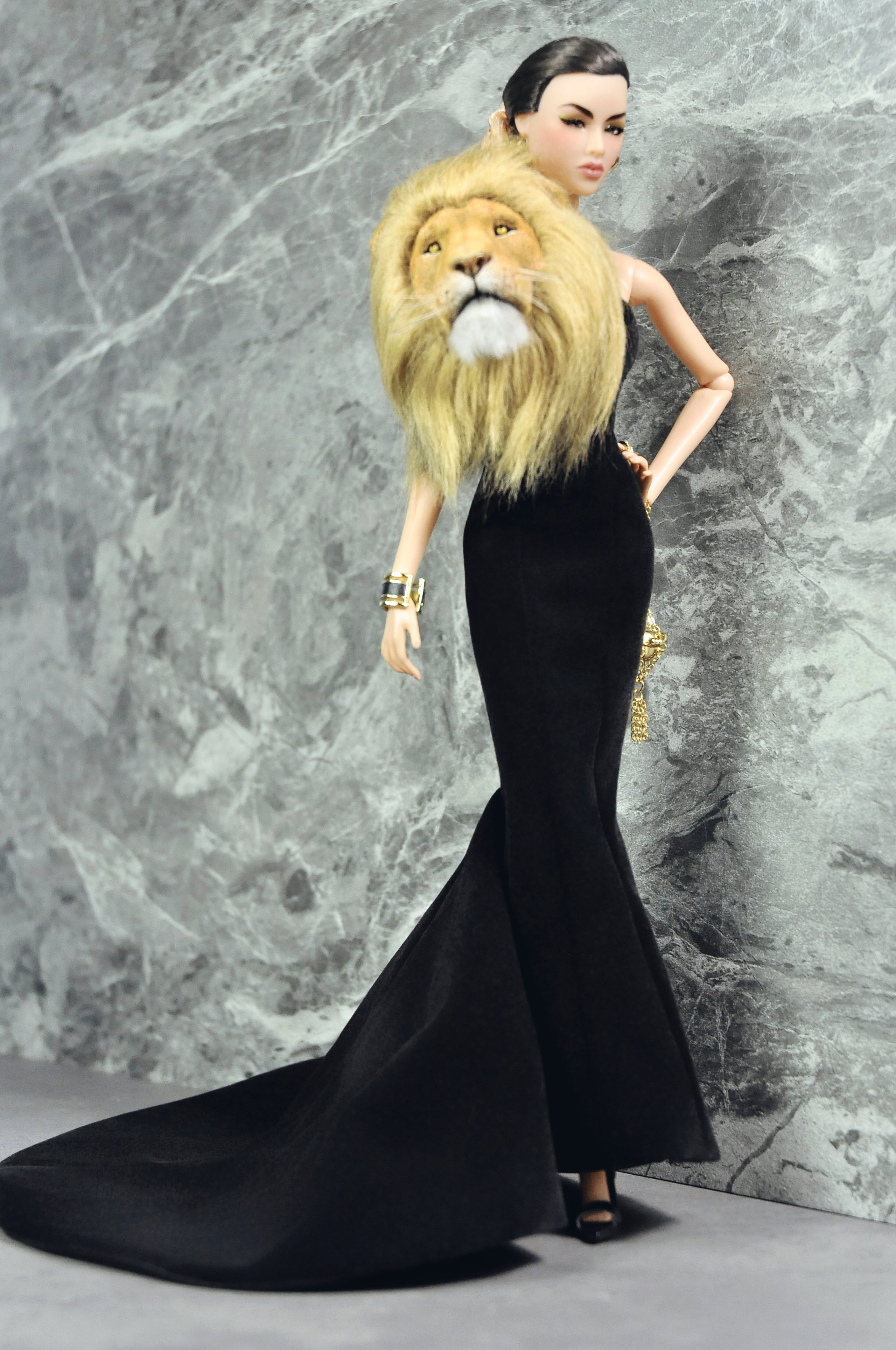 FANTASY OF OZ | Black Couture Mermaid Gown with Lion Fur Collar for Fashion Royalty 6.0 Doll | Handmade Evening Dress | Tsquared2 Couture Doll Clothes