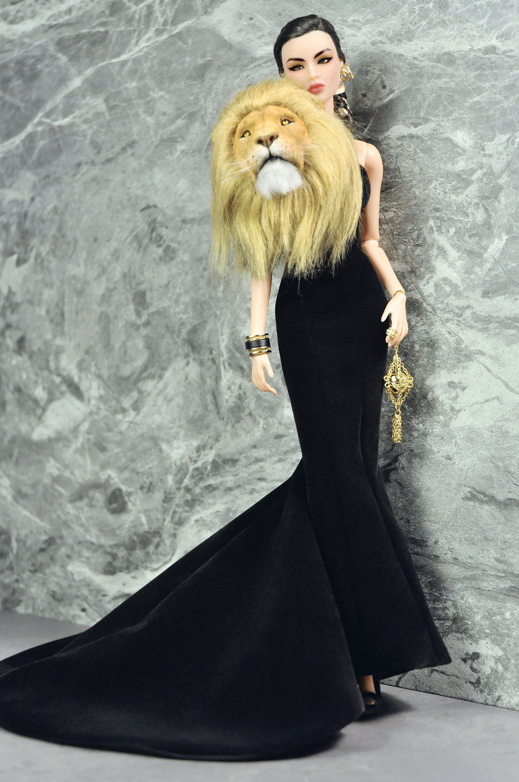 FANTASY OF OZ | Black Couture Mermaid Gown with Lion Fur Collar for Fashion Royalty 6.0 Doll | Handmade Evening Dress | Tsquared2 Couture Doll Clothes