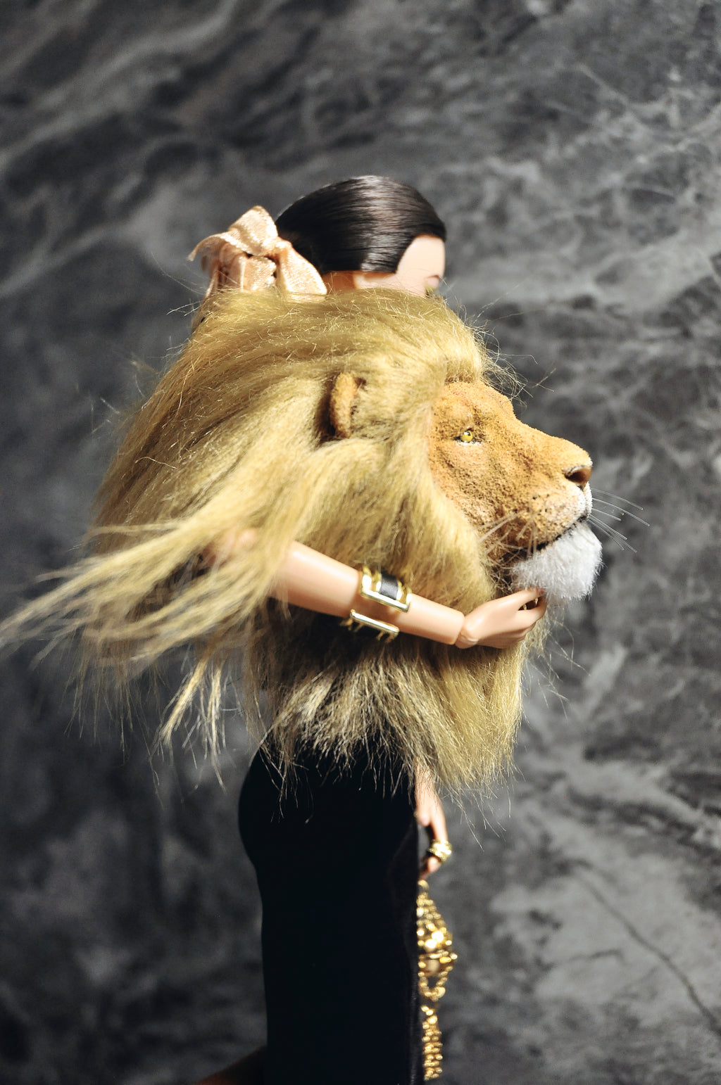 FANTASY OF OZ | Black Couture Mermaid Gown with Lion Fur Collar for Fashion Royalty 6.0 Doll | Handmade Evening Dress | Tsquared2 Couture Doll Clothes