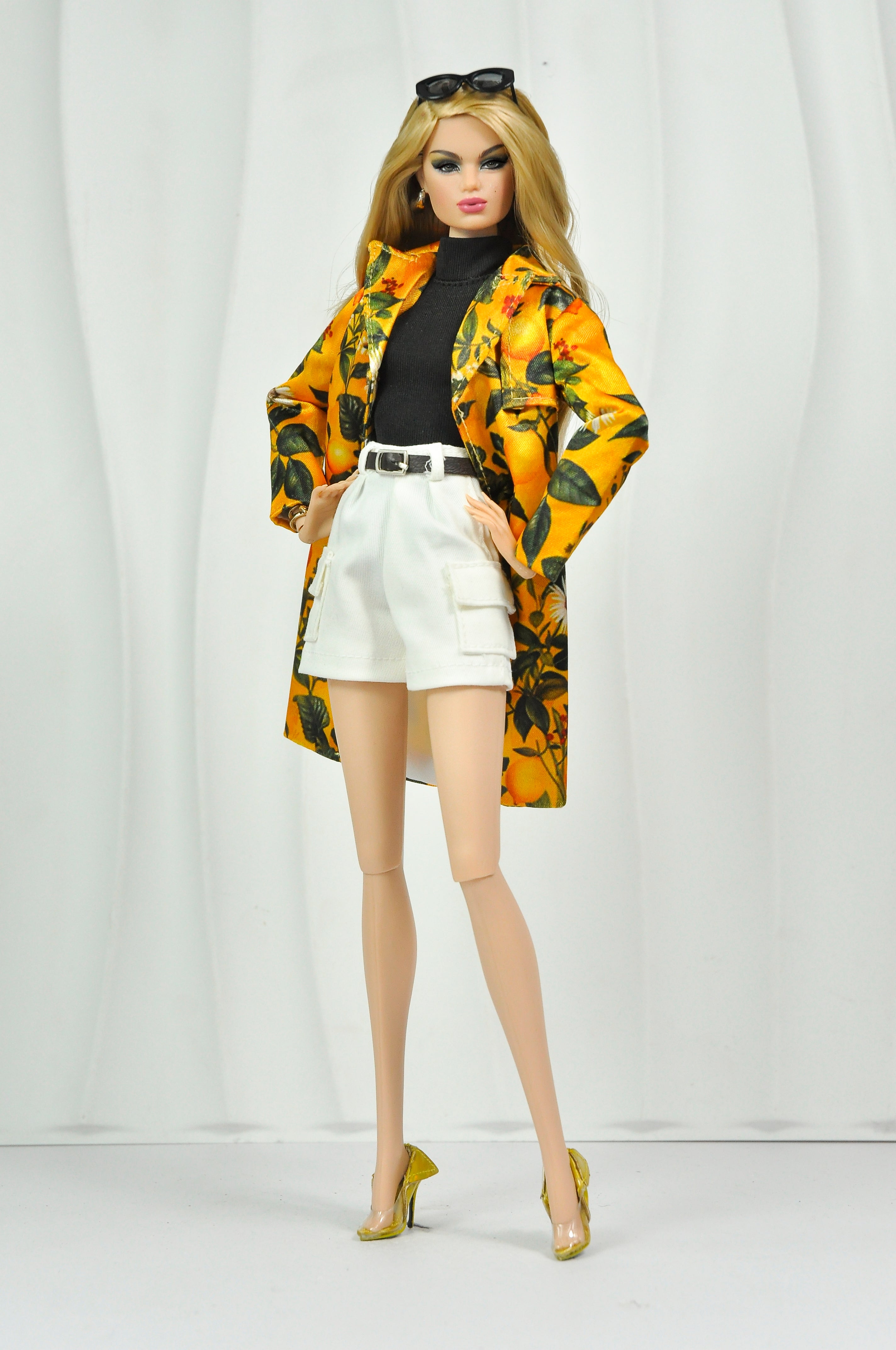 OFF DUTY | Citrus Print Coat Outfit – 1/6 Scale Fashion Doll Clothes – White Tailored Shorts & Black Top – TSquared2