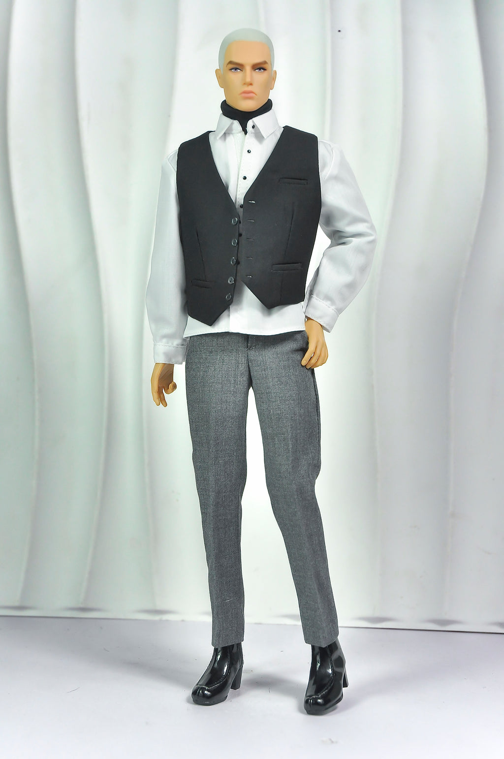 OFF DUTY | Black Waistcoat & White Shirt Set for 12” Male Fashion Royalty Doll – Tailored Formal Outfit with Grey Trousers