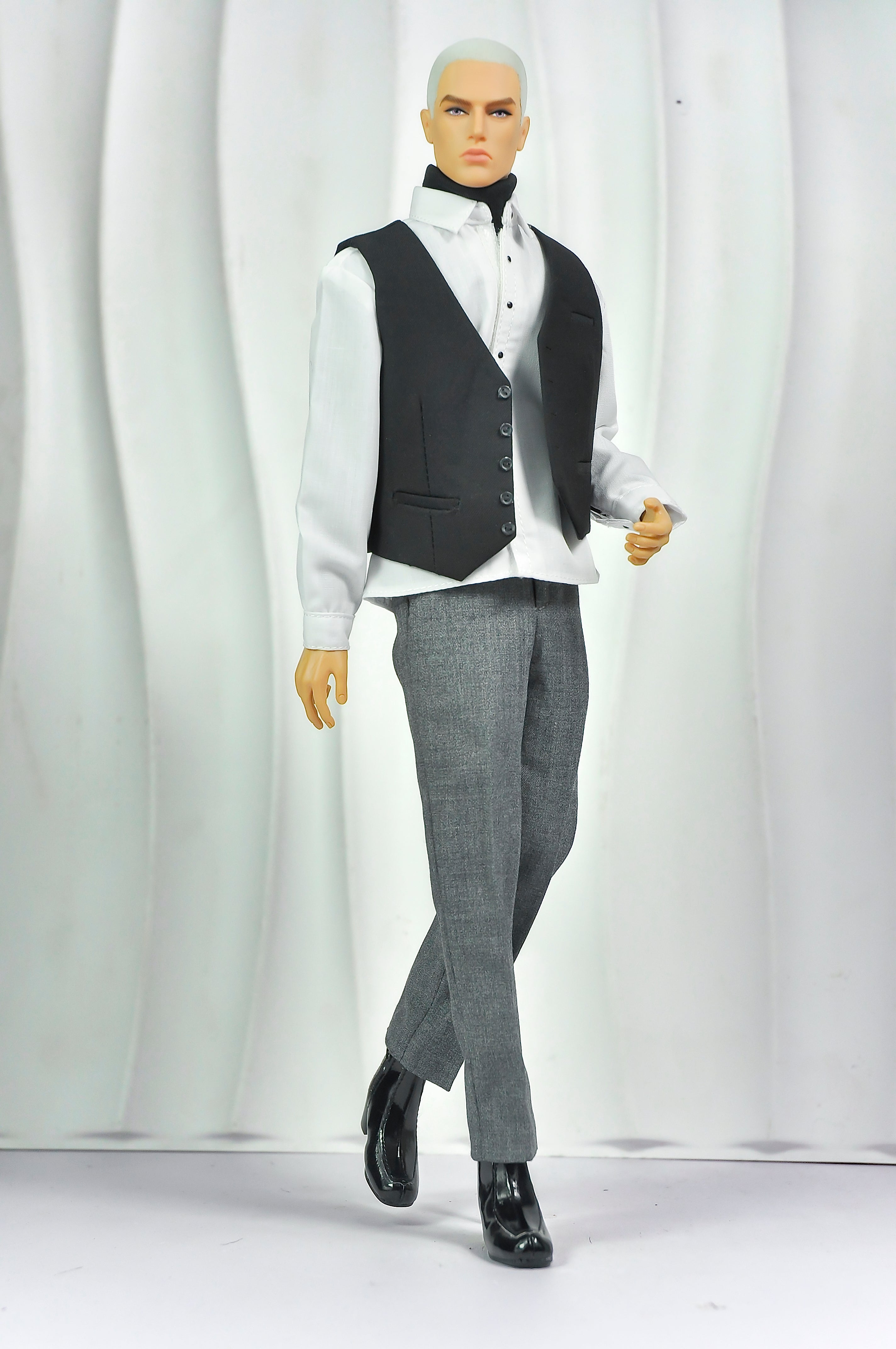OFF DUTY | Black Waistcoat & White Shirt Set for 12” Male Fashion Royalty Doll – Tailored Formal Outfit with Grey Trousers