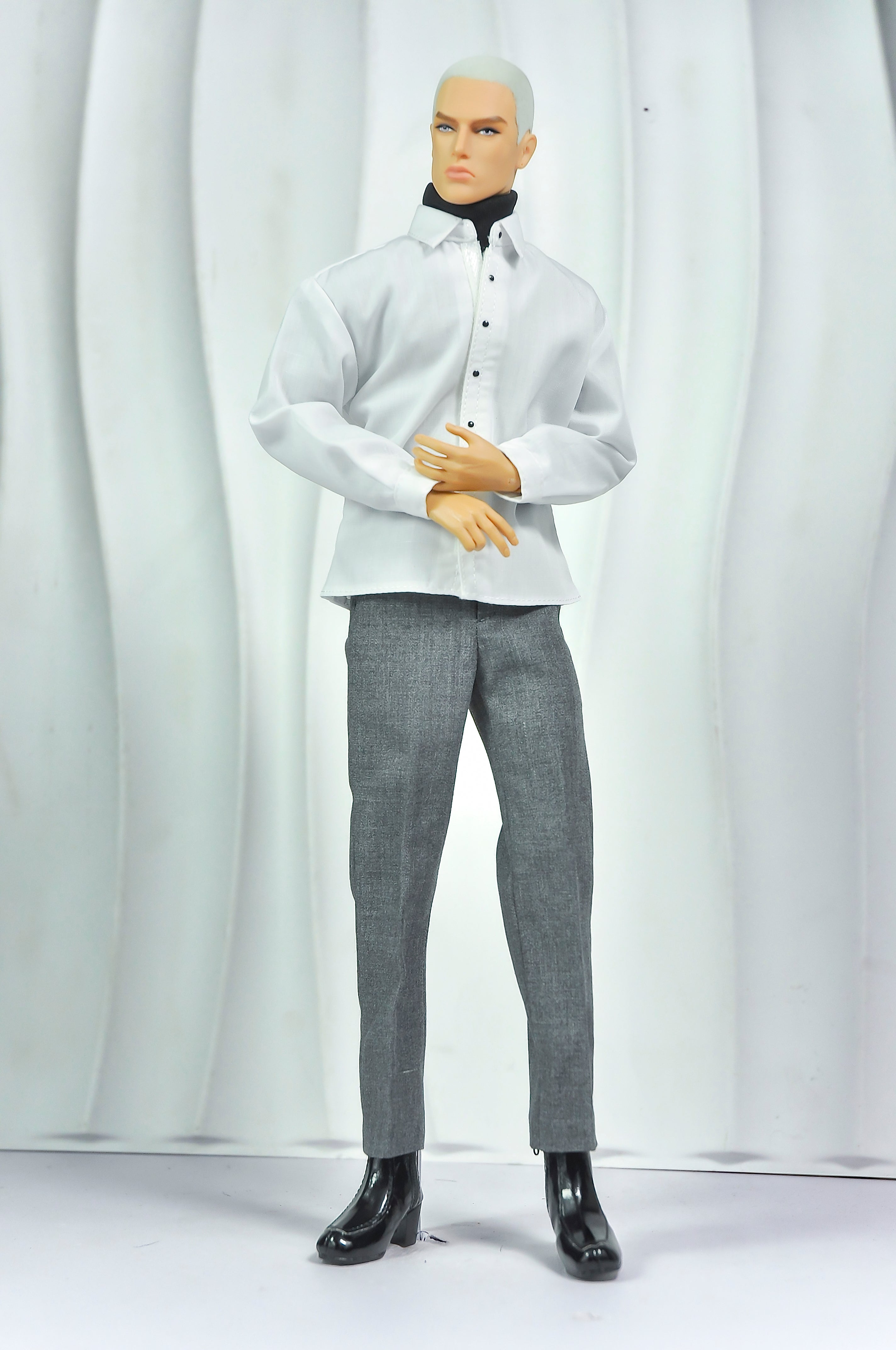 OFF DUTY | Black Waistcoat & White Shirt Set for 12” Male Fashion Royalty Doll – Tailored Formal Outfit with Grey Trousers