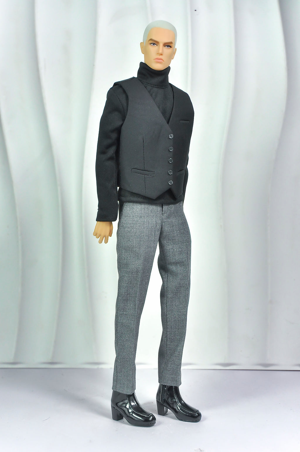 OFF DUTY | Black Waistcoat & White Shirt Set for 12” Male Fashion Royalty Doll – Tailored Formal Outfit with Grey Trousers