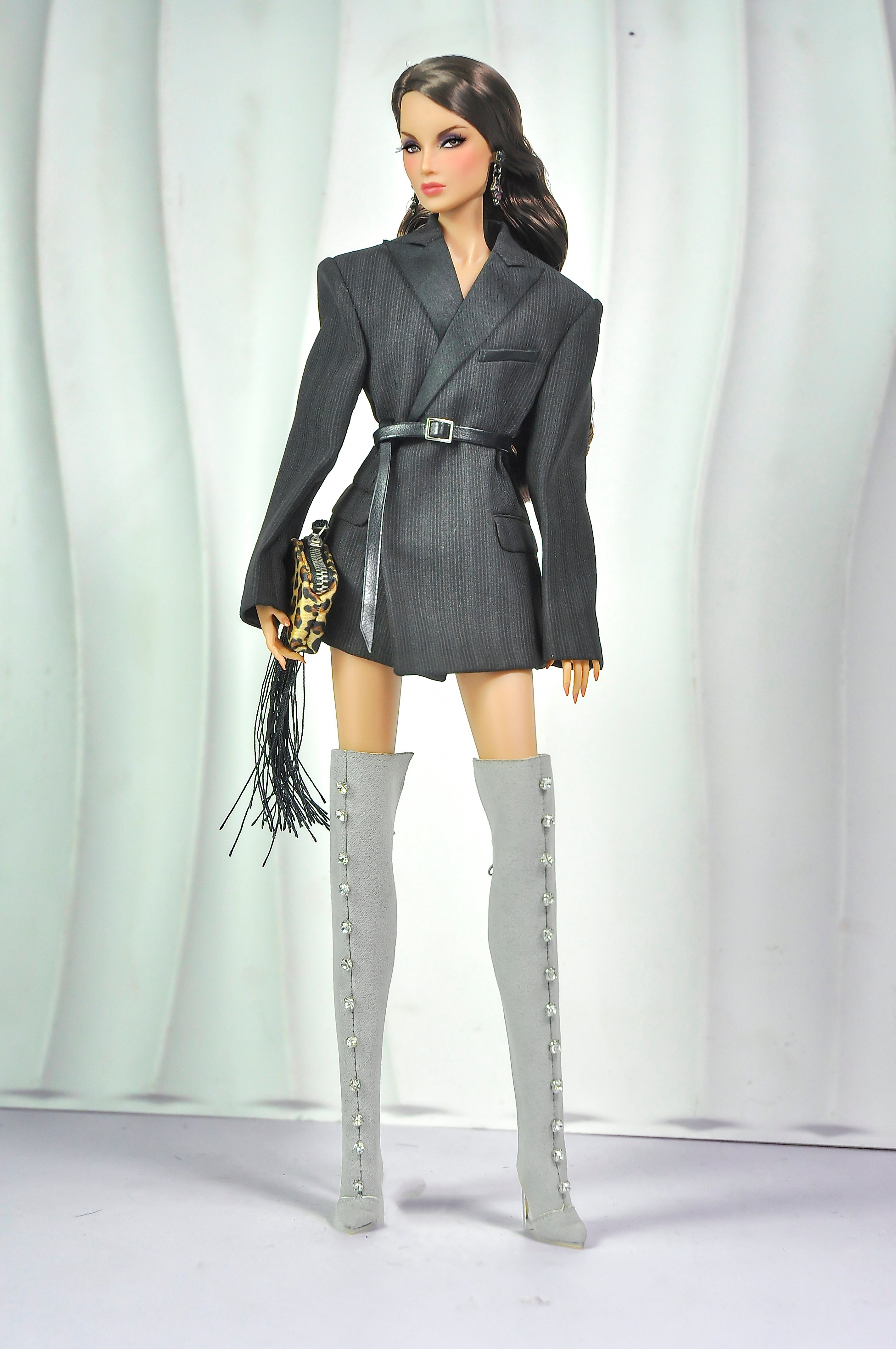 OFF DUTY | Grey Blazer Dress for Fashion Royalty – 1/6 Scale Doll Couture Outfit with Leopard Clutch – TSquared2