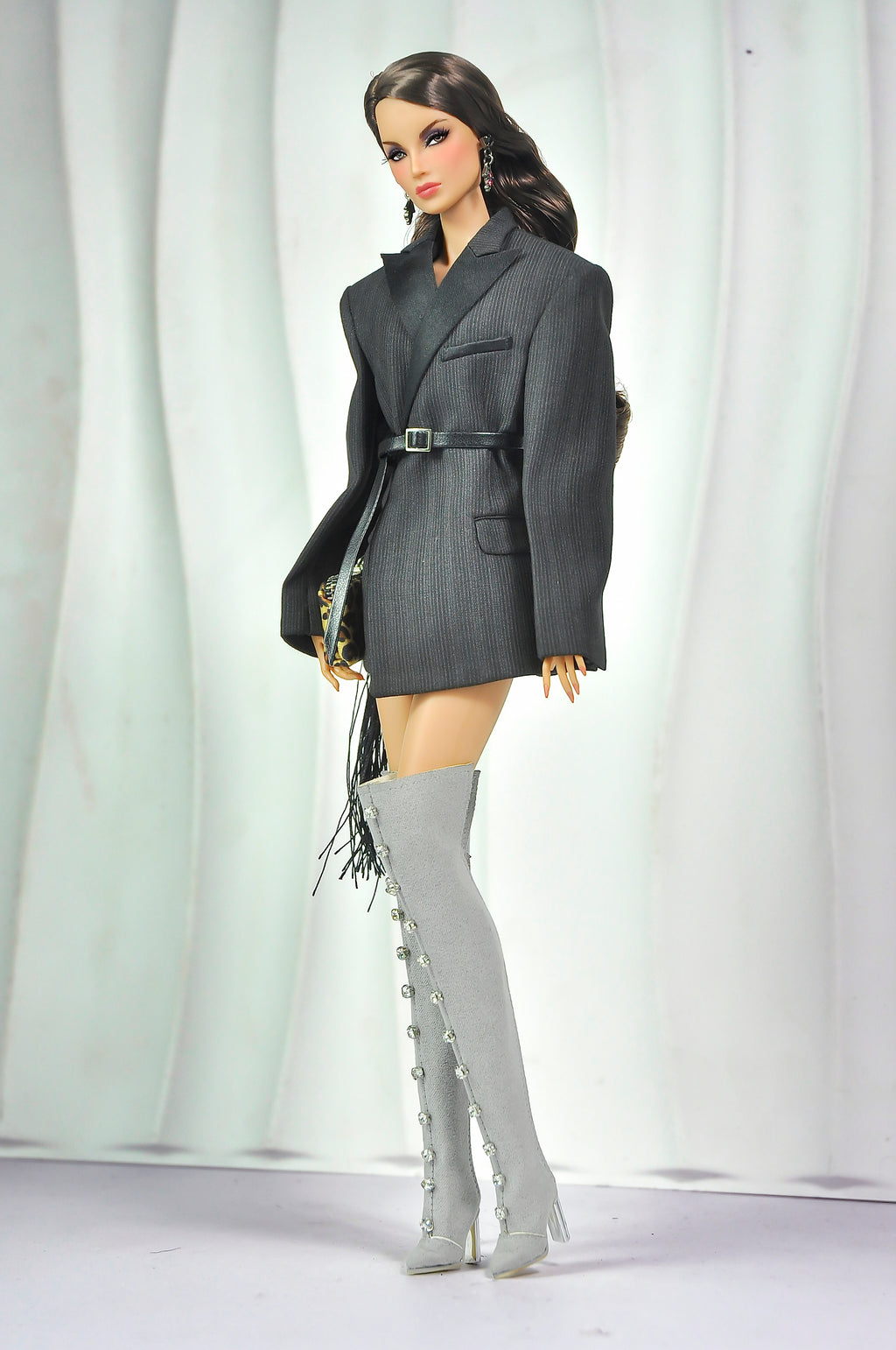 OFF DUTY | Grey Blazer Dress for Fashion Royalty – 1/6 Scale Doll Couture Outfit with Leopard Clutch – TSquared2
