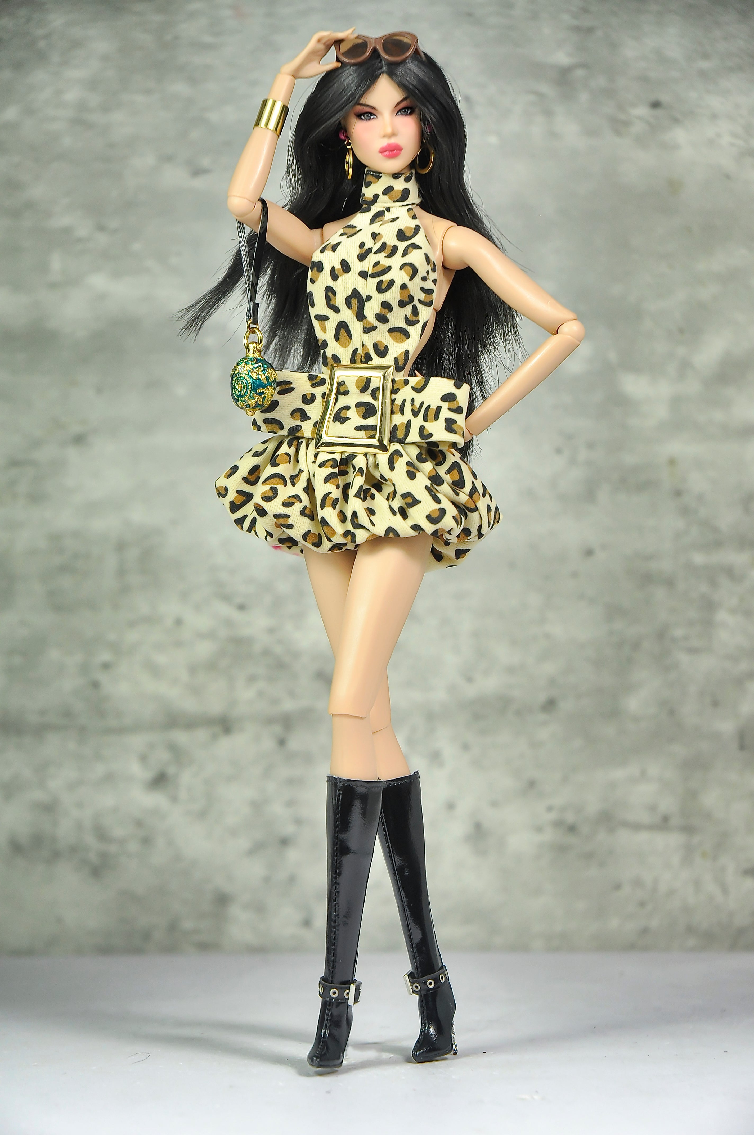 OFF DUTY | Leopard Icon Bubble Mini Dress Set  Fashion Royalty Doll Clothes FR 6.0 — 1/6 Scale