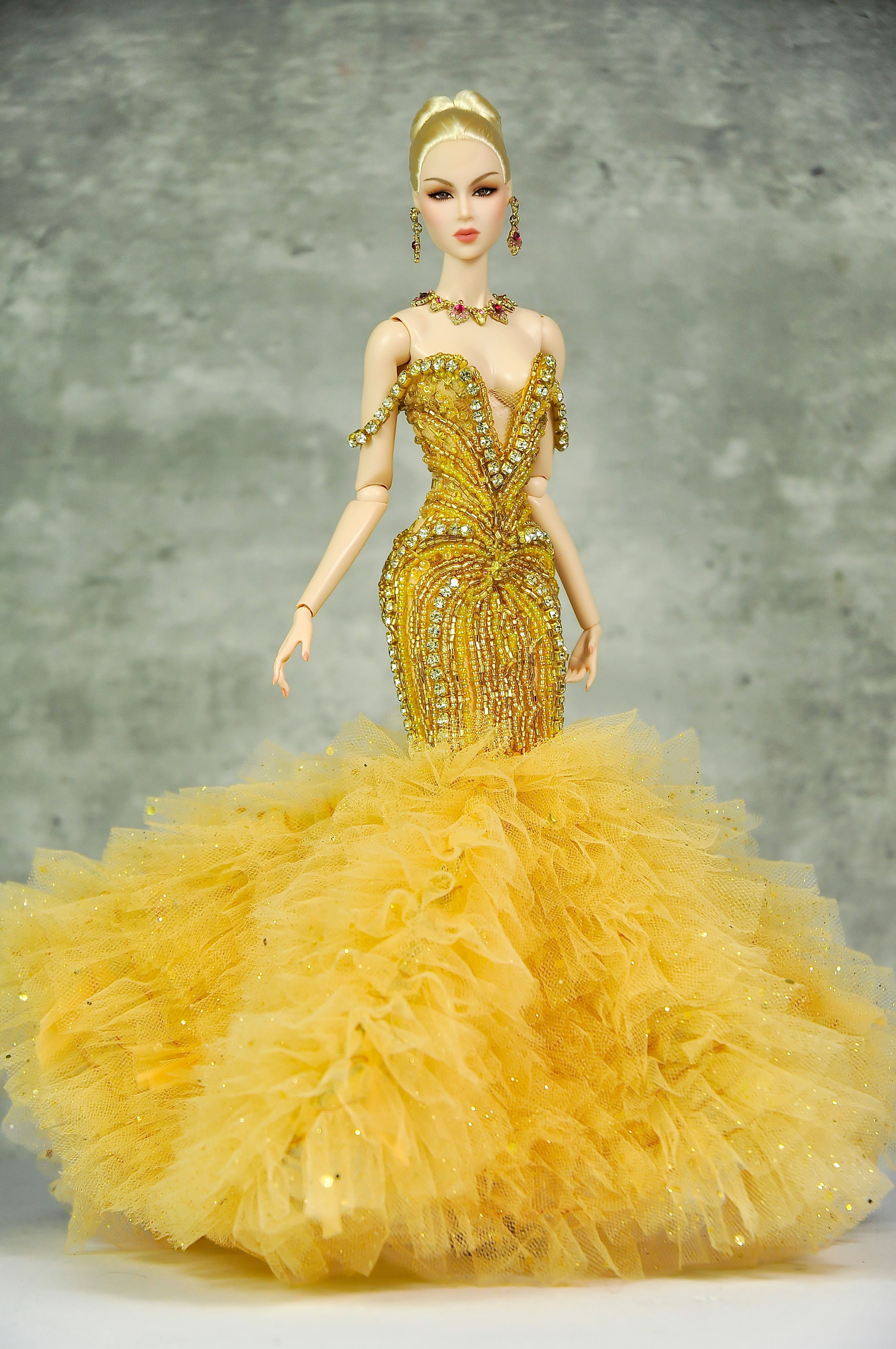 OFF DUTY | Golden Goddess Couture Ballgown  Fashion Royalty Doll Clothes FR 6.0 — 1/6 Scale