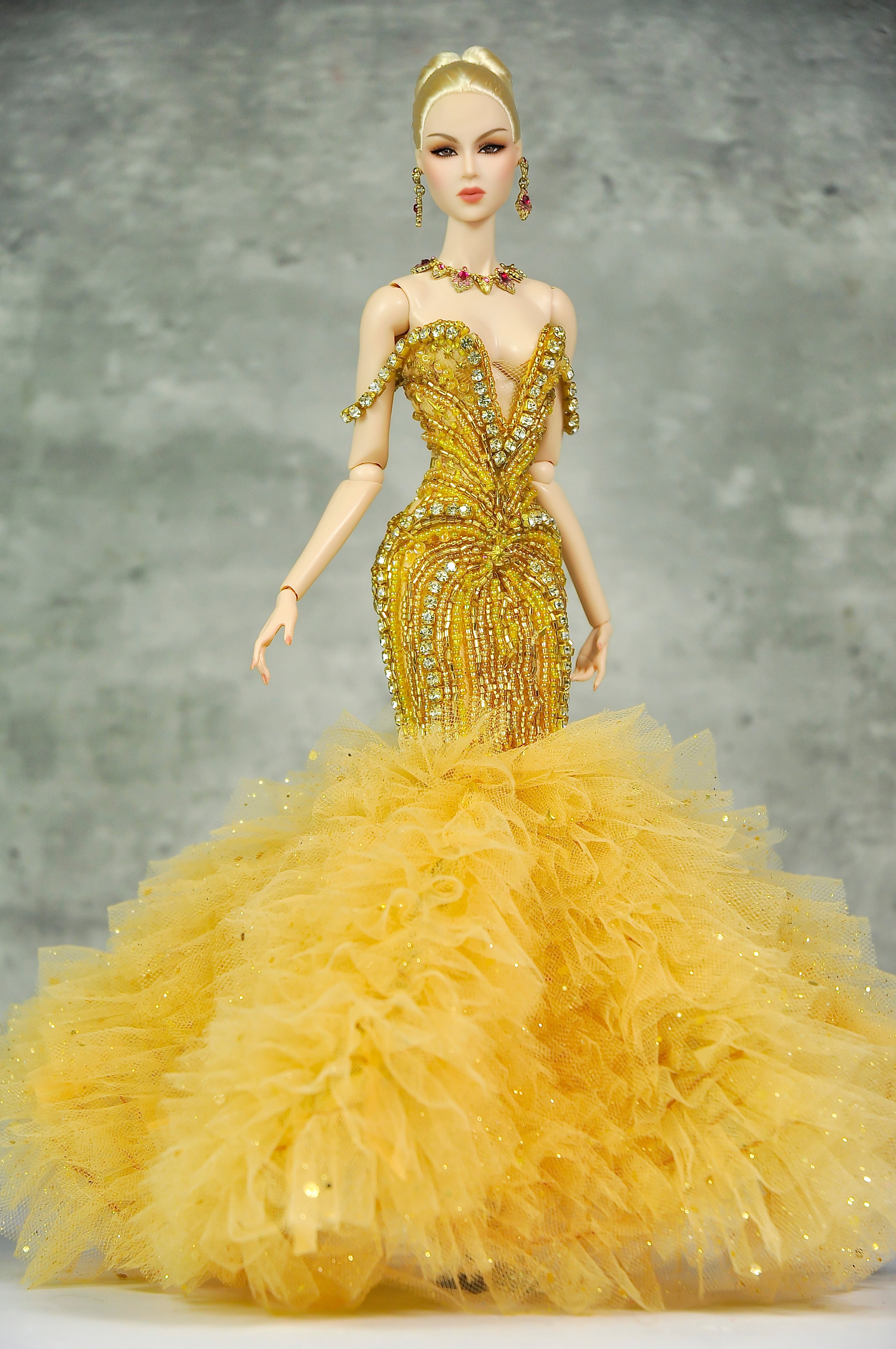 OFF DUTY | Golden Goddess Couture Ballgown  Fashion Royalty Doll Clothes FR 6.0 — 1/6 Scale