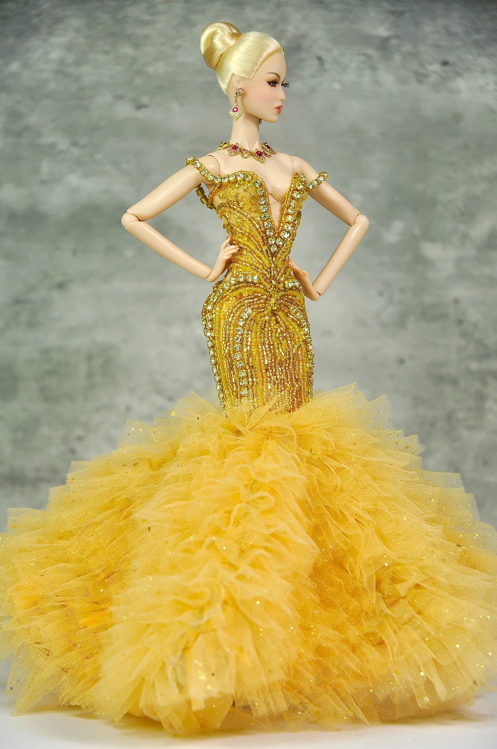 OFF DUTY | Golden Goddess Couture Ballgown  Fashion Royalty Doll Clothes FR 6.0 — 1/6 Scale