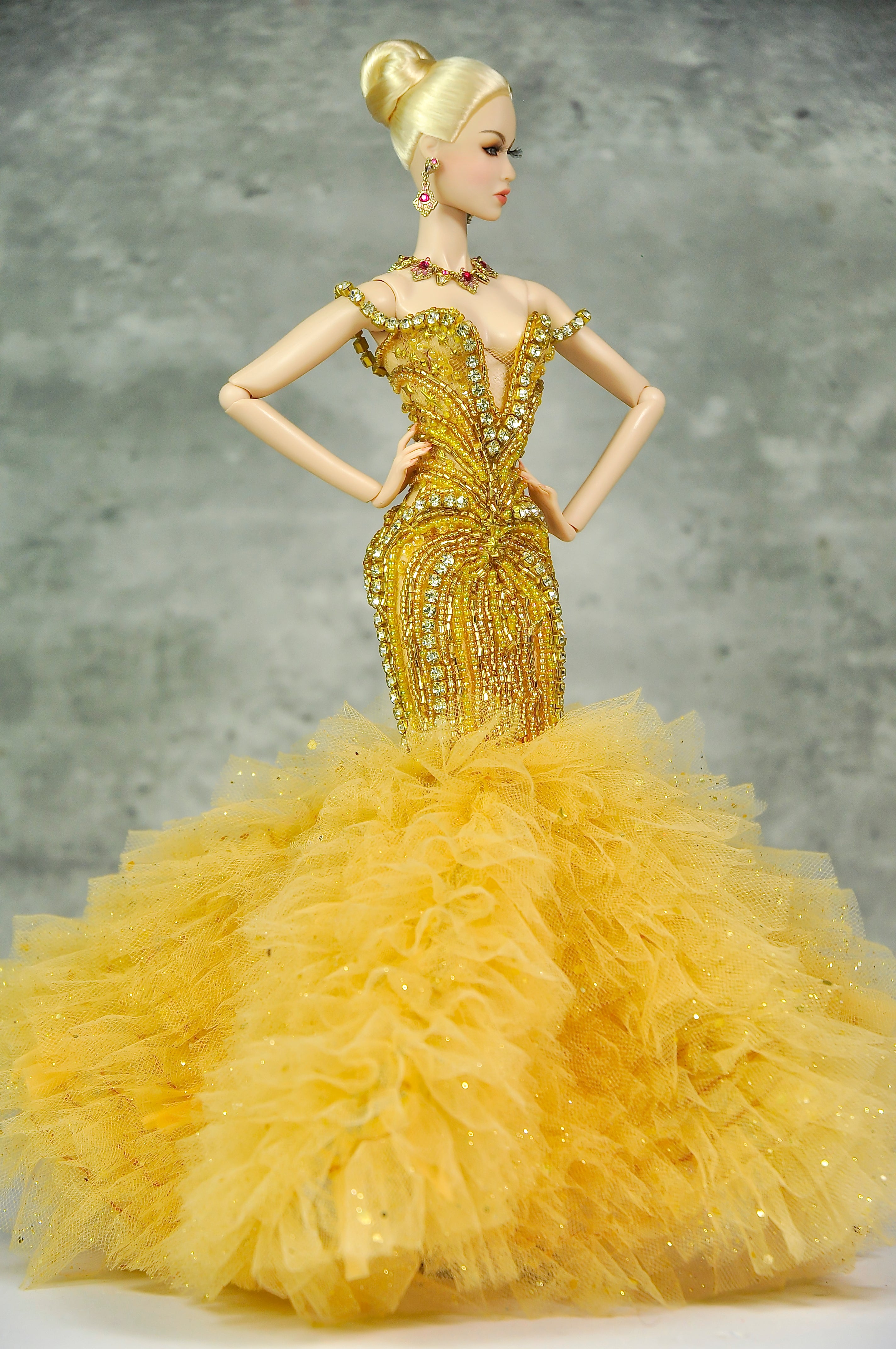 OFF DUTY | Golden Goddess Couture Ballgown  Fashion Royalty Doll Clothes FR 6.0 — 1/6 Scale