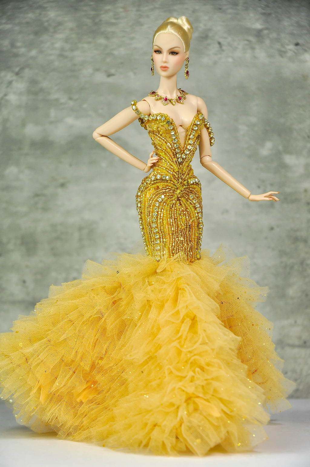 OFF DUTY | Golden Goddess Couture Ballgown  Fashion Royalty Doll Clothes FR 6.0 — 1/6 Scale