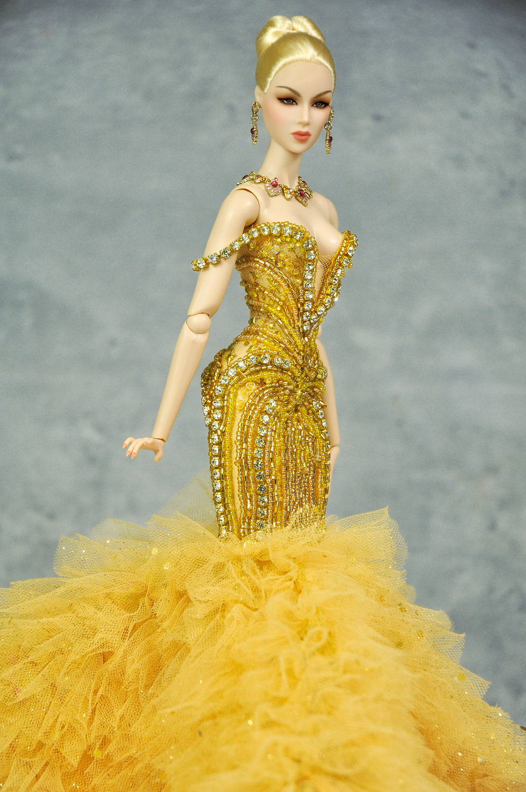 OFF DUTY | Golden Goddess Couture Ballgown  Fashion Royalty Doll Clothes FR 6.0 — 1/6 Scale