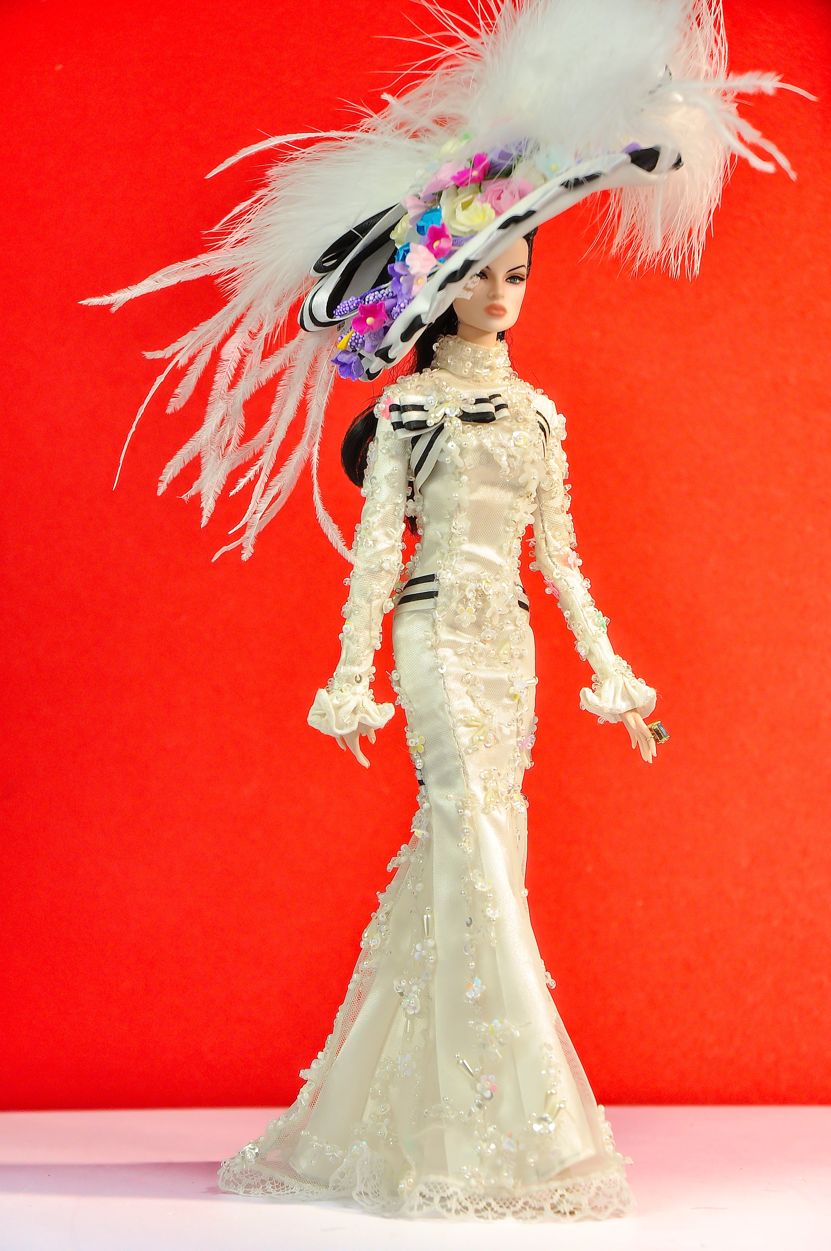 OOAK | Ivory Couture Feather Hat Gown — OOAK Handmade Outfit for 1/6 Fashion Dolls
