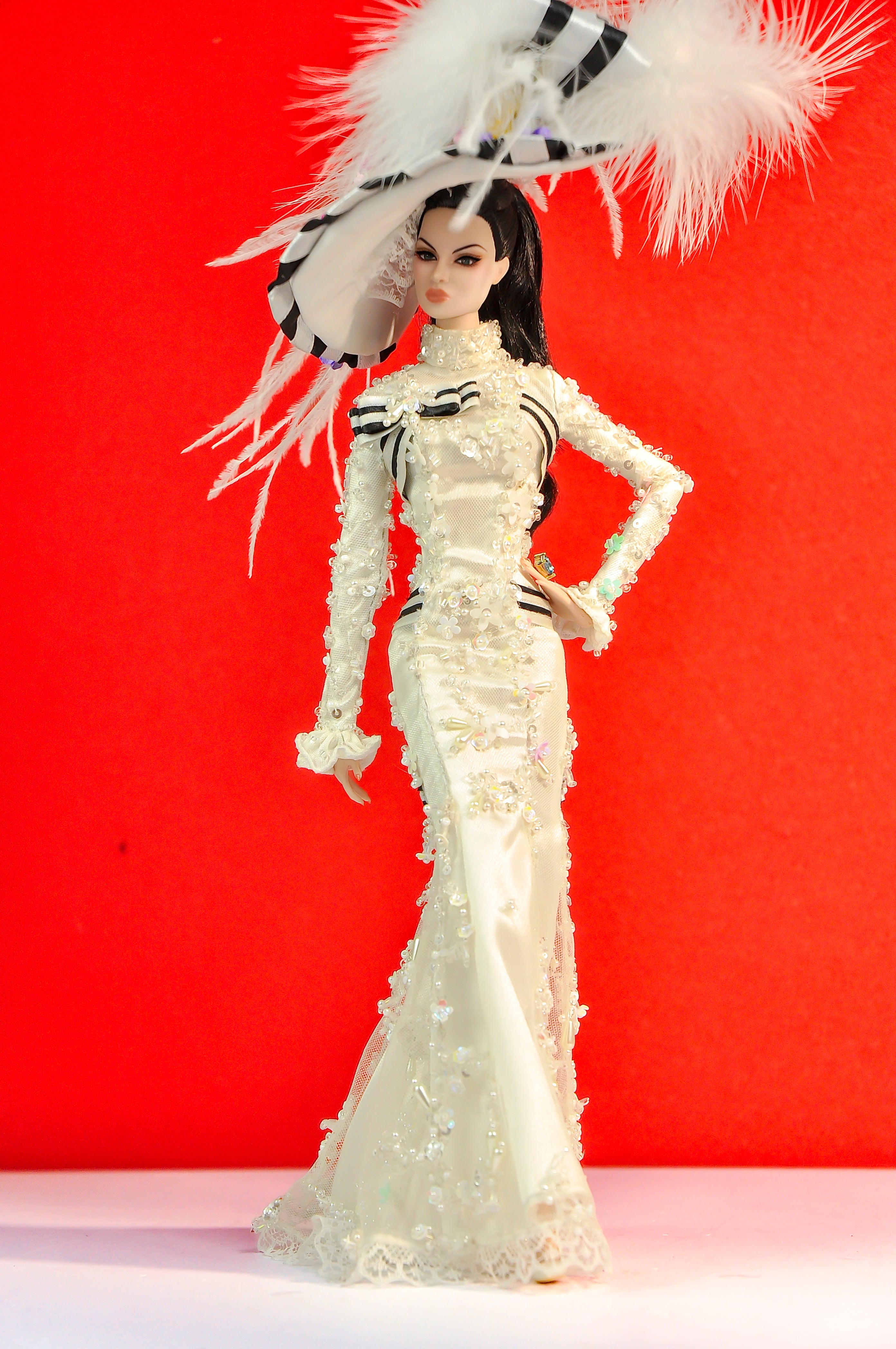 OOAK | Ivory Couture Feather Hat Gown — OOAK Handmade Outfit for 1/6 Fashion Dolls