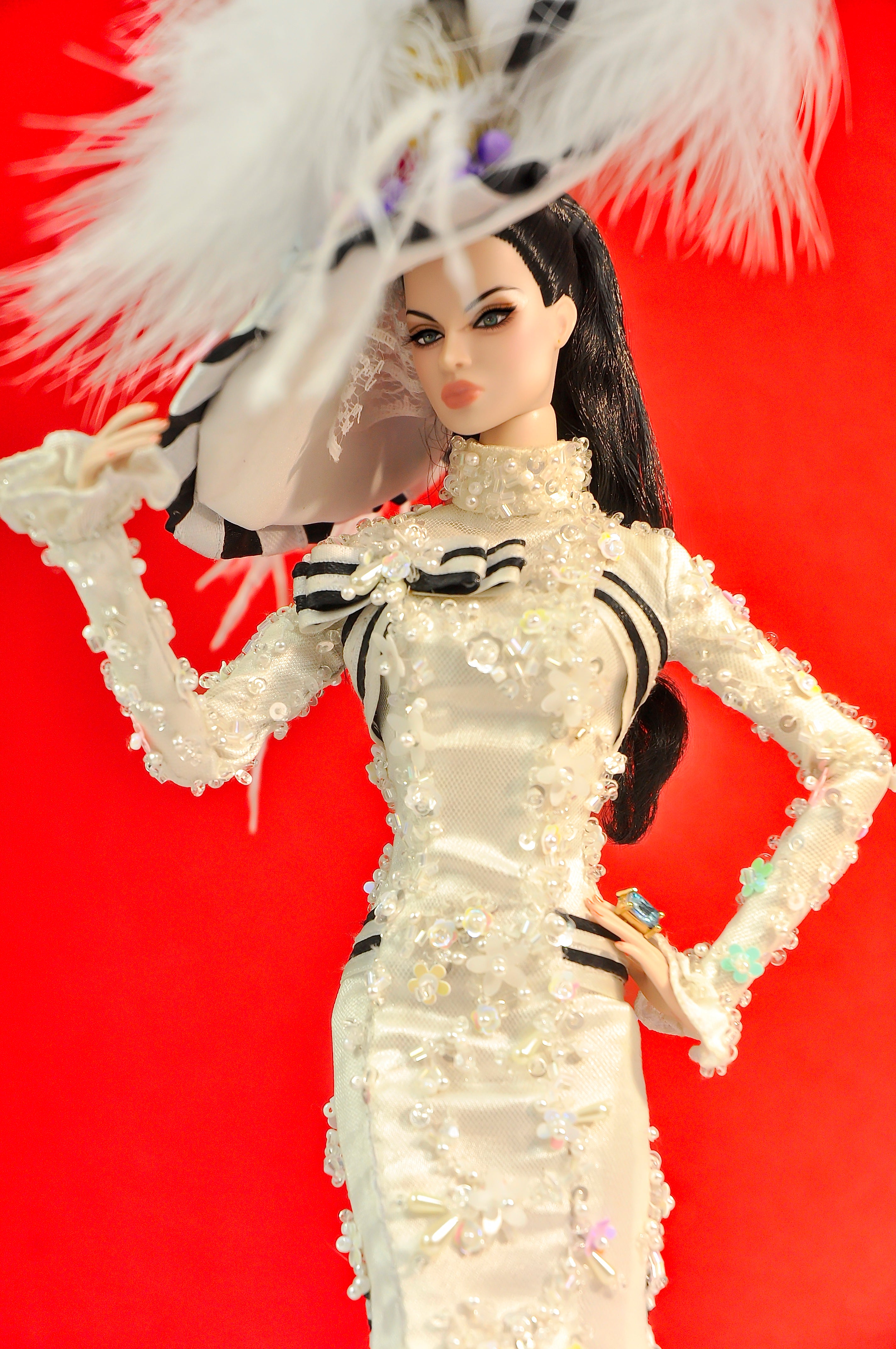 OOAK | Ivory Couture Feather Hat Gown — OOAK Handmade Outfit for 1/6 Fashion Dolls