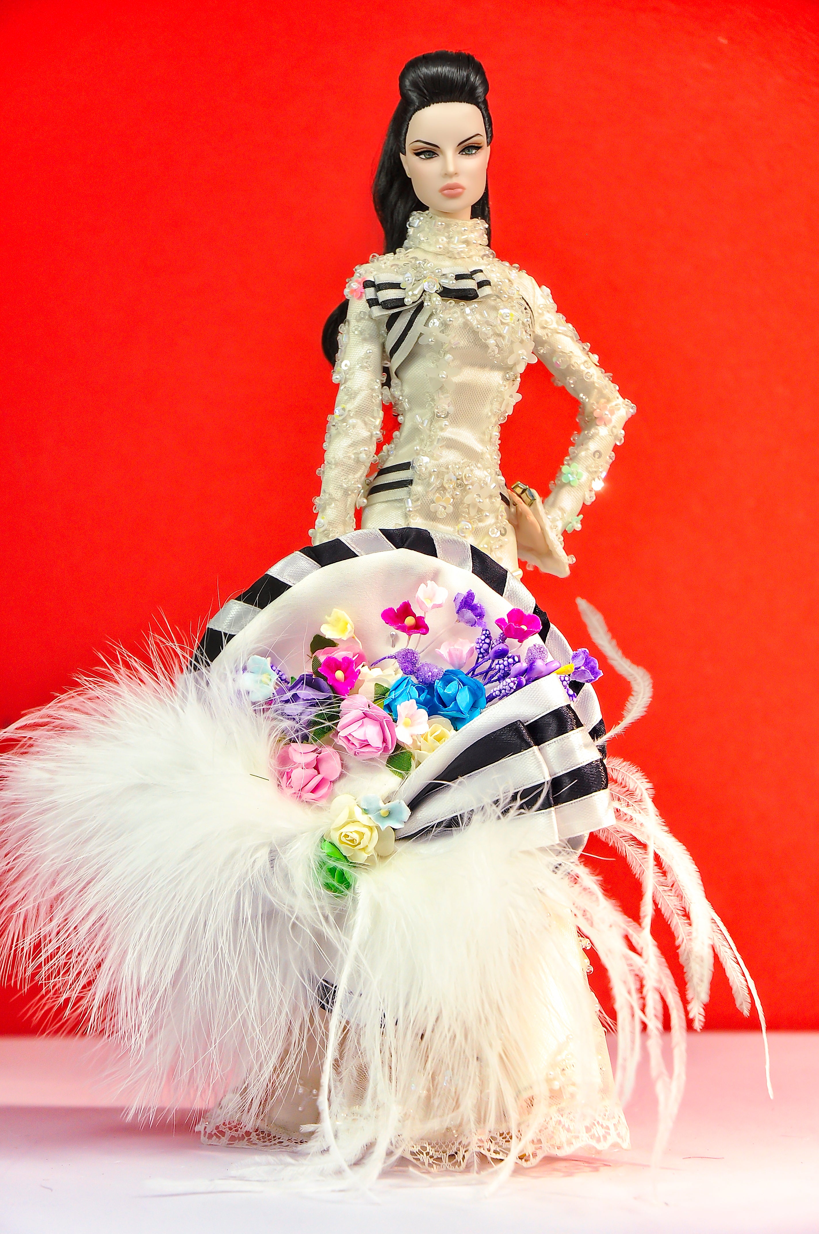OOAK | Ivory Couture Feather Hat Gown — OOAK Handmade Outfit for 1/6 Fashion Dolls