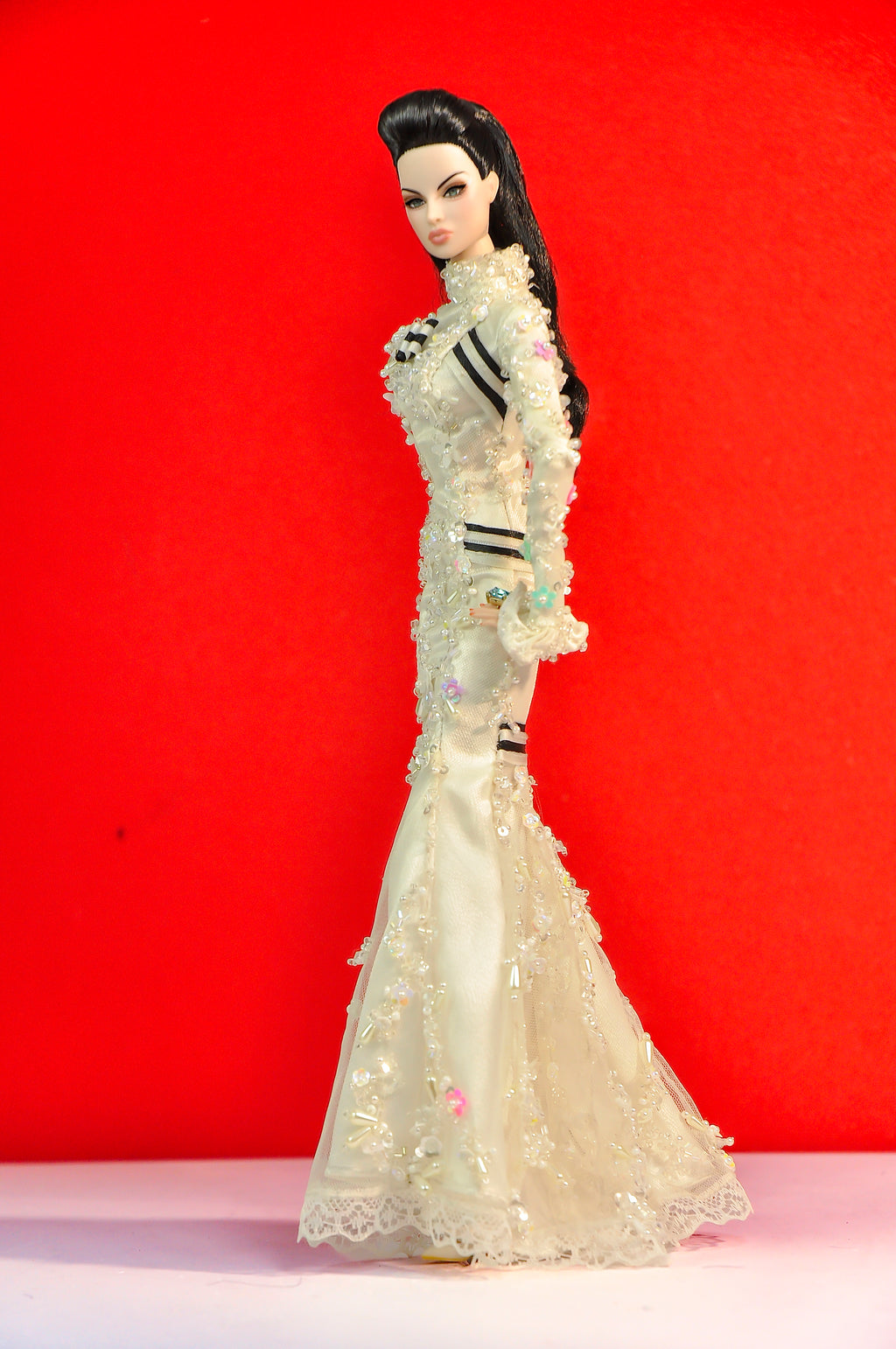 OOAK | Ivory Couture Feather Hat Gown — OOAK Handmade Outfit for 1/6 Fashion Dolls