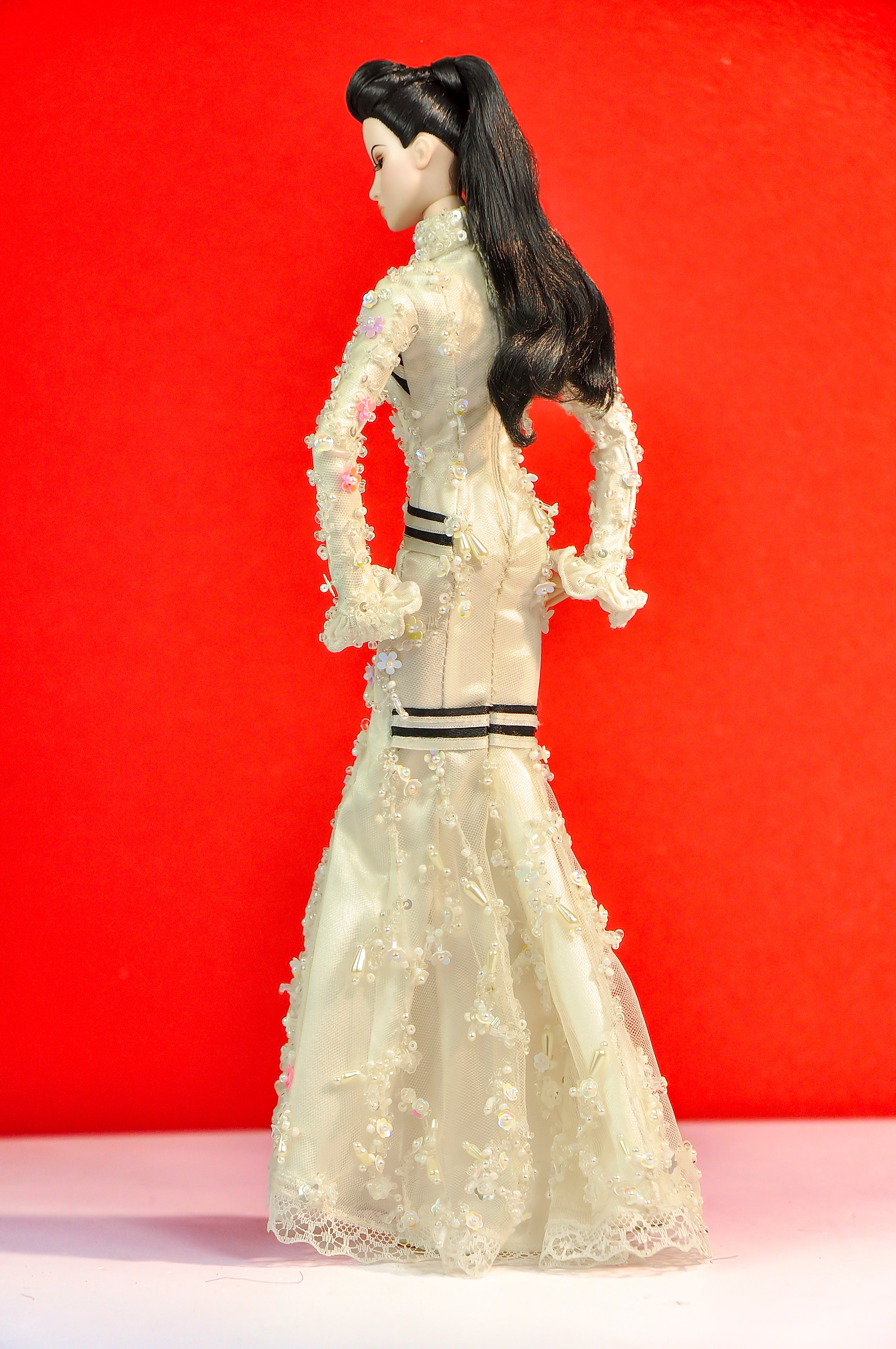 OOAK | Ivory Couture Feather Hat Gown — OOAK Handmade Outfit for 1/6 Fashion Dolls