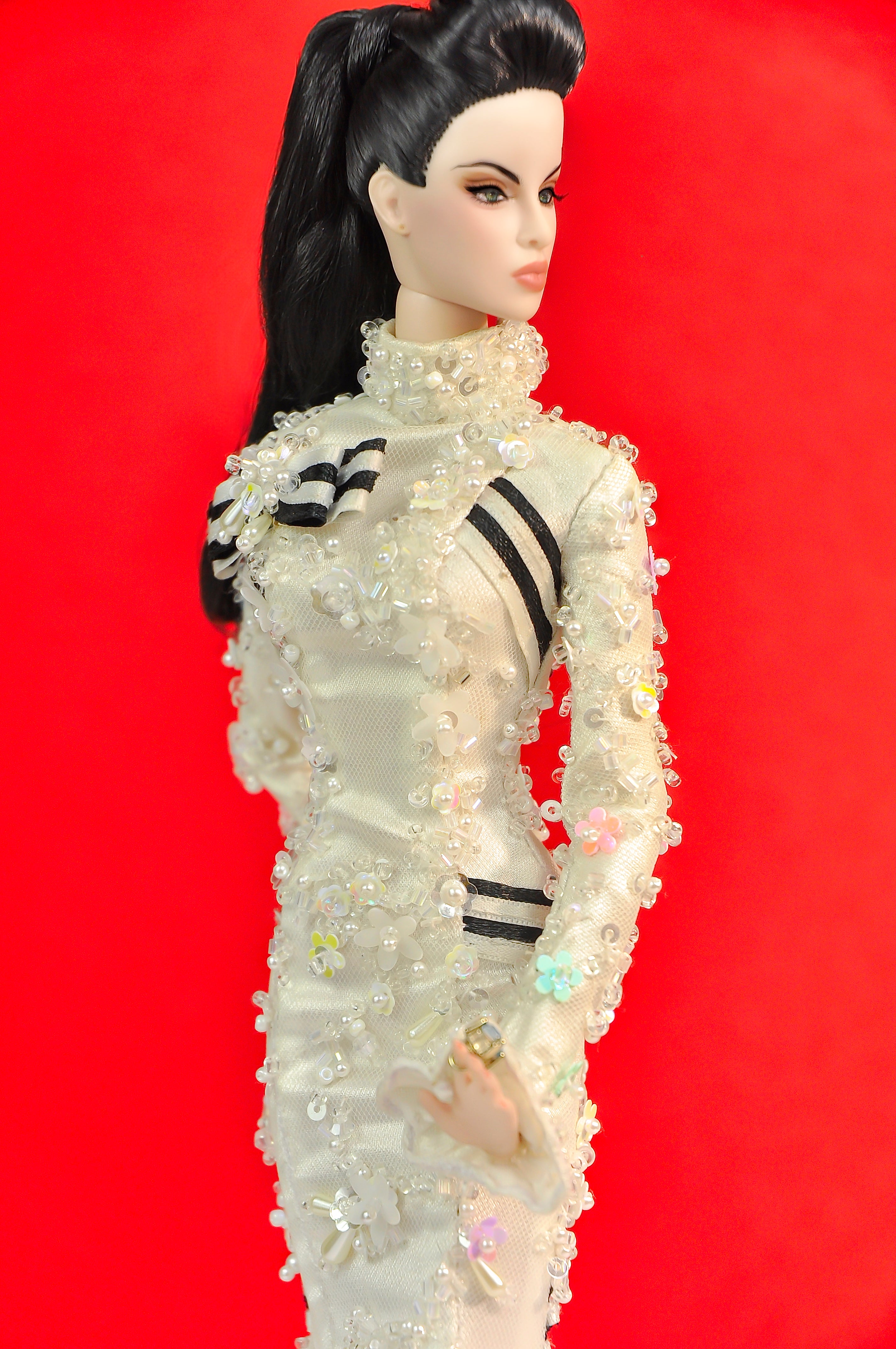 OOAK | Ivory Couture Feather Hat Gown — OOAK Handmade Outfit for 1/6 Fashion Dolls