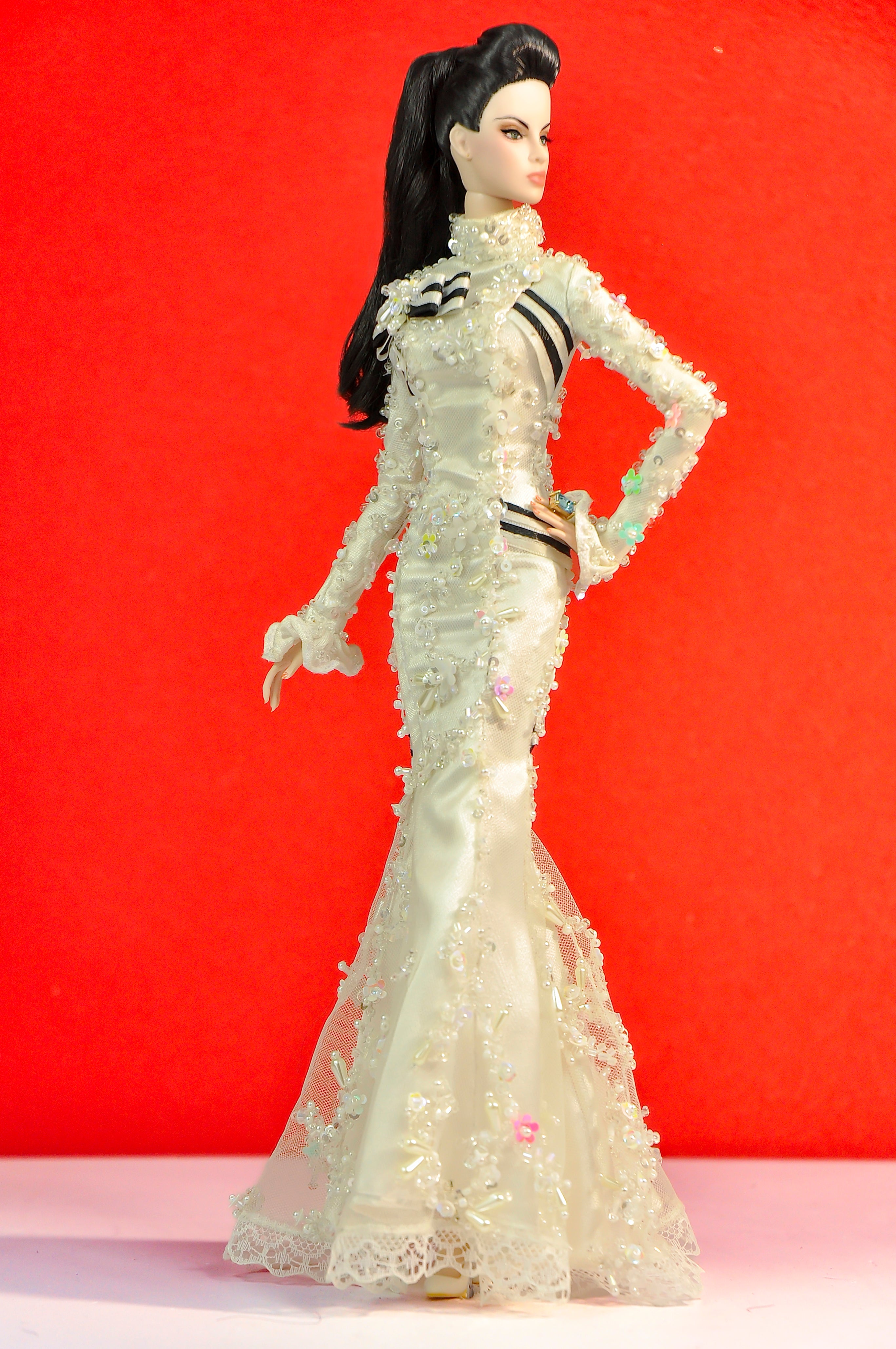 OOAK | Ivory Couture Feather Hat Gown — OOAK Handmade Outfit for 1/6 Fashion Dolls