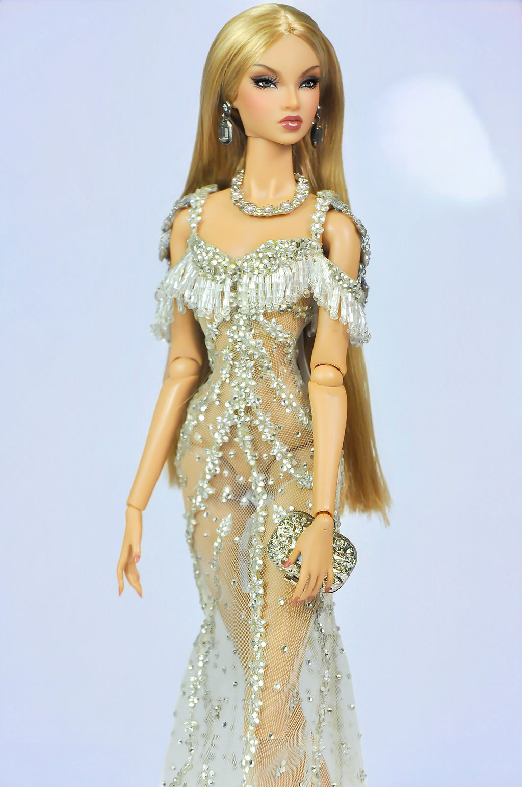 THE ICONIC |. Champagne Crystal Illusion Evening Gown — OOAK Handmade Couture for 1/6 Fashion Dolls (Fashion Royalty / Poppy Parker Compatible)