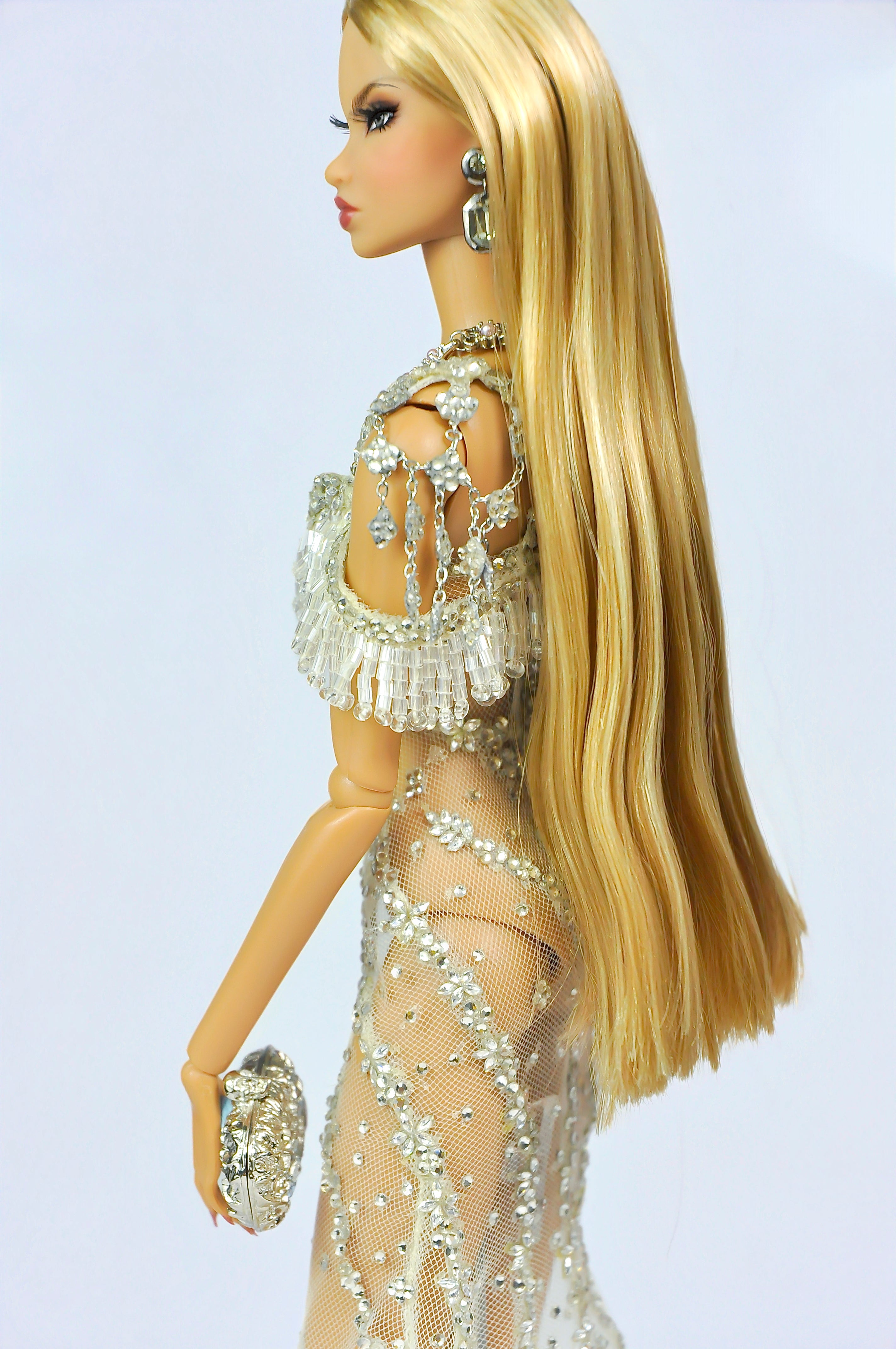 THE ICONIC |. Champagne Crystal Illusion Evening Gown — OOAK Handmade Couture for 1/6 Fashion Dolls (Fashion Royalty / Poppy Parker Compatible)