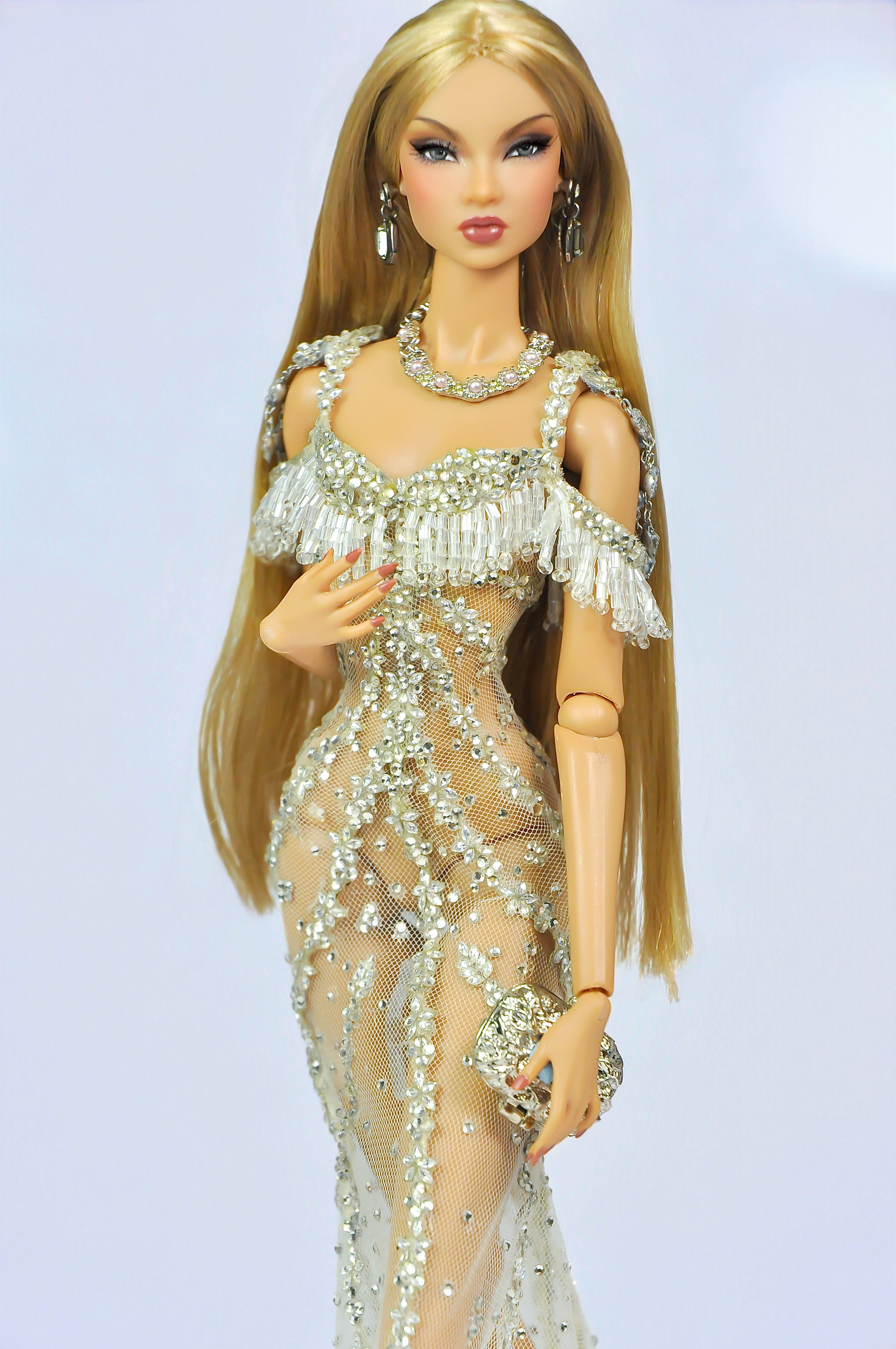 THE ICONIC |. Champagne Crystal Illusion Evening Gown — OOAK Handmade Couture for 1/6 Fashion Dolls (Fashion Royalty / Poppy Parker Compatible)