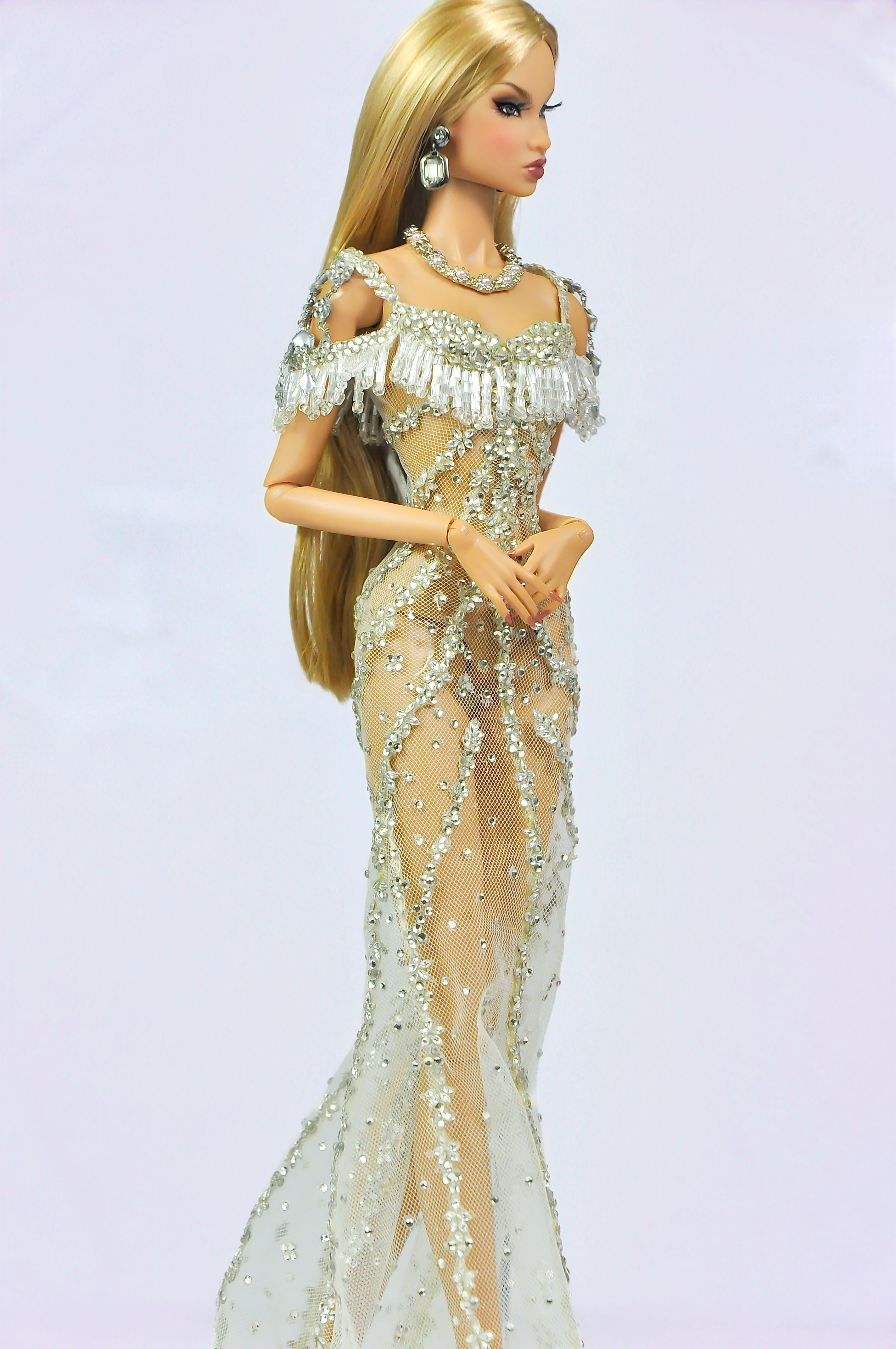 THE ICONIC |. Champagne Crystal Illusion Evening Gown — OOAK Handmade Couture for 1/6 Fashion Dolls (Fashion Royalty / Poppy Parker Compatible)