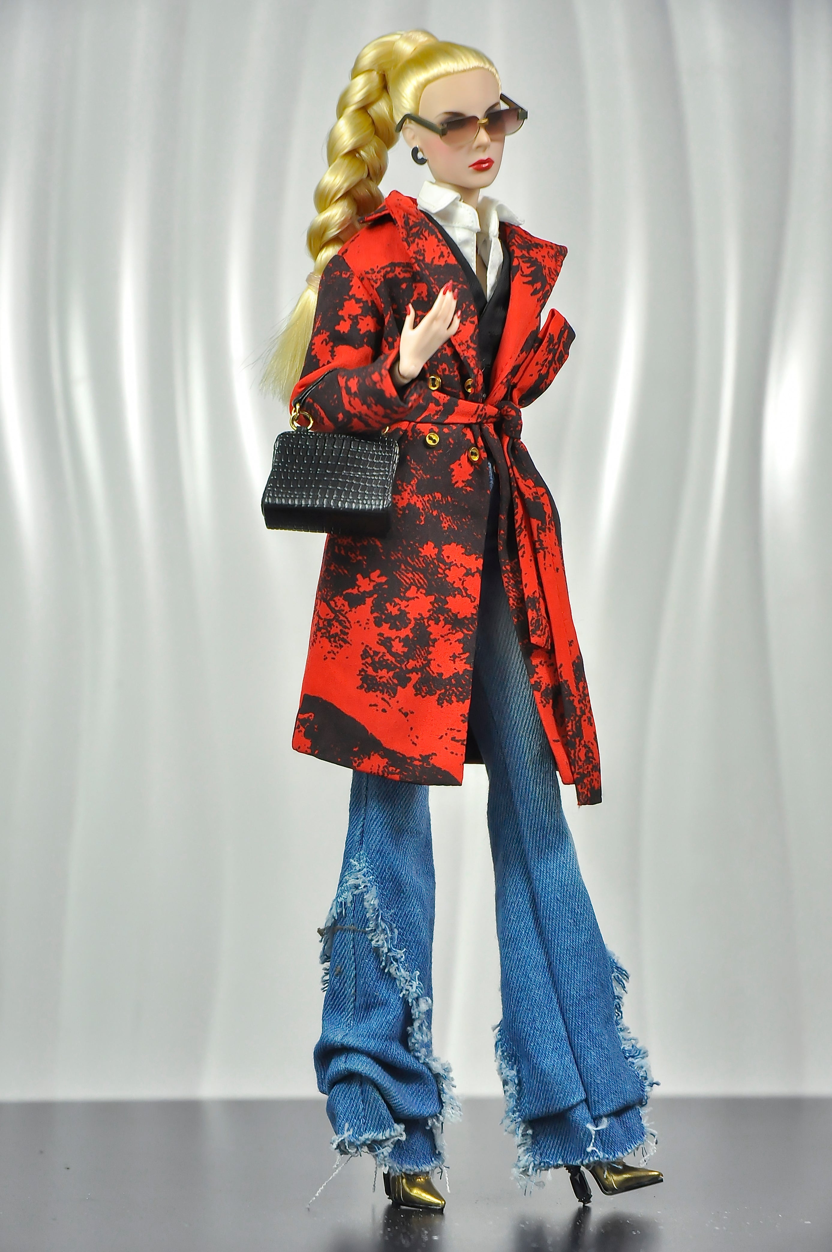 OFF DUTY | Luxury Red Statement Coat & Distressed Flare Jeans Set for 1/6 Dolls | Fashion Royalty Doll Clothes | High-End Barbie Outfit