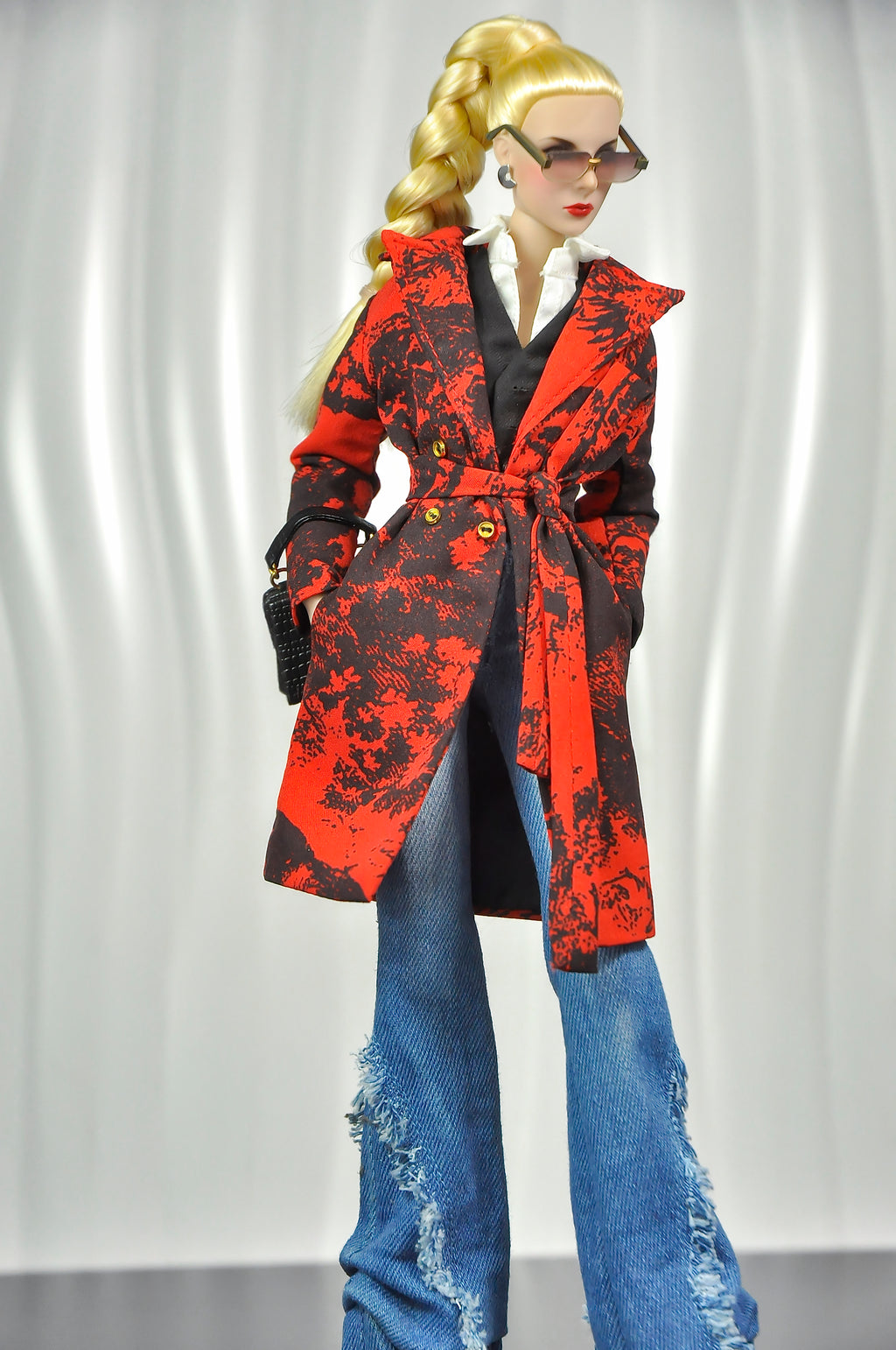 OFF DUTY | Luxury Red Statement Coat & Distressed Flare Jeans Set for 1/6 Dolls | Fashion Royalty Doll Clothes | High-End Barbie Outfit