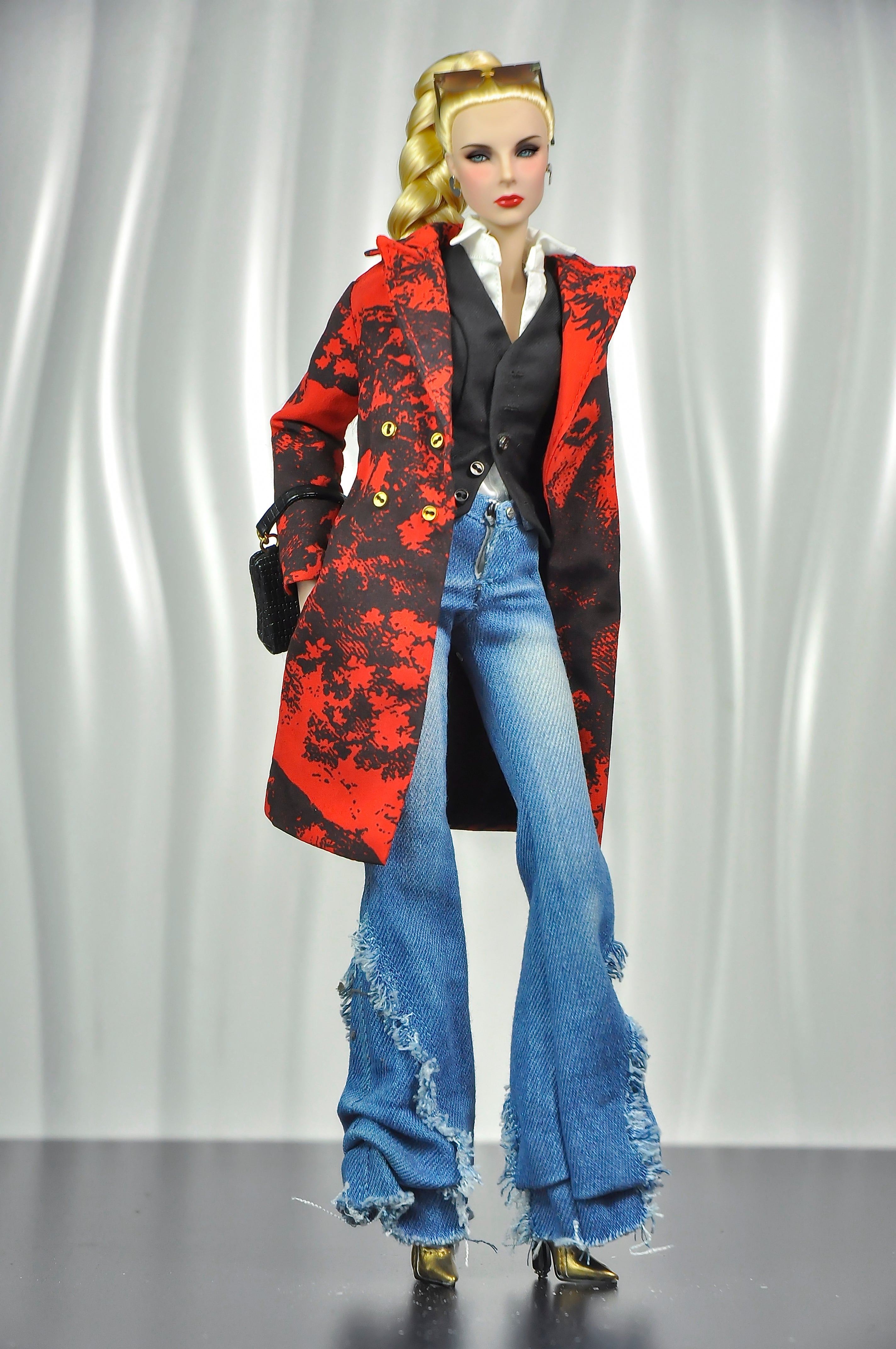 OFF DUTY | Luxury Red Statement Coat & Distressed Flare Jeans Set for 1/6 Dolls | Fashion Royalty Doll Clothes | High-End Barbie Outfit