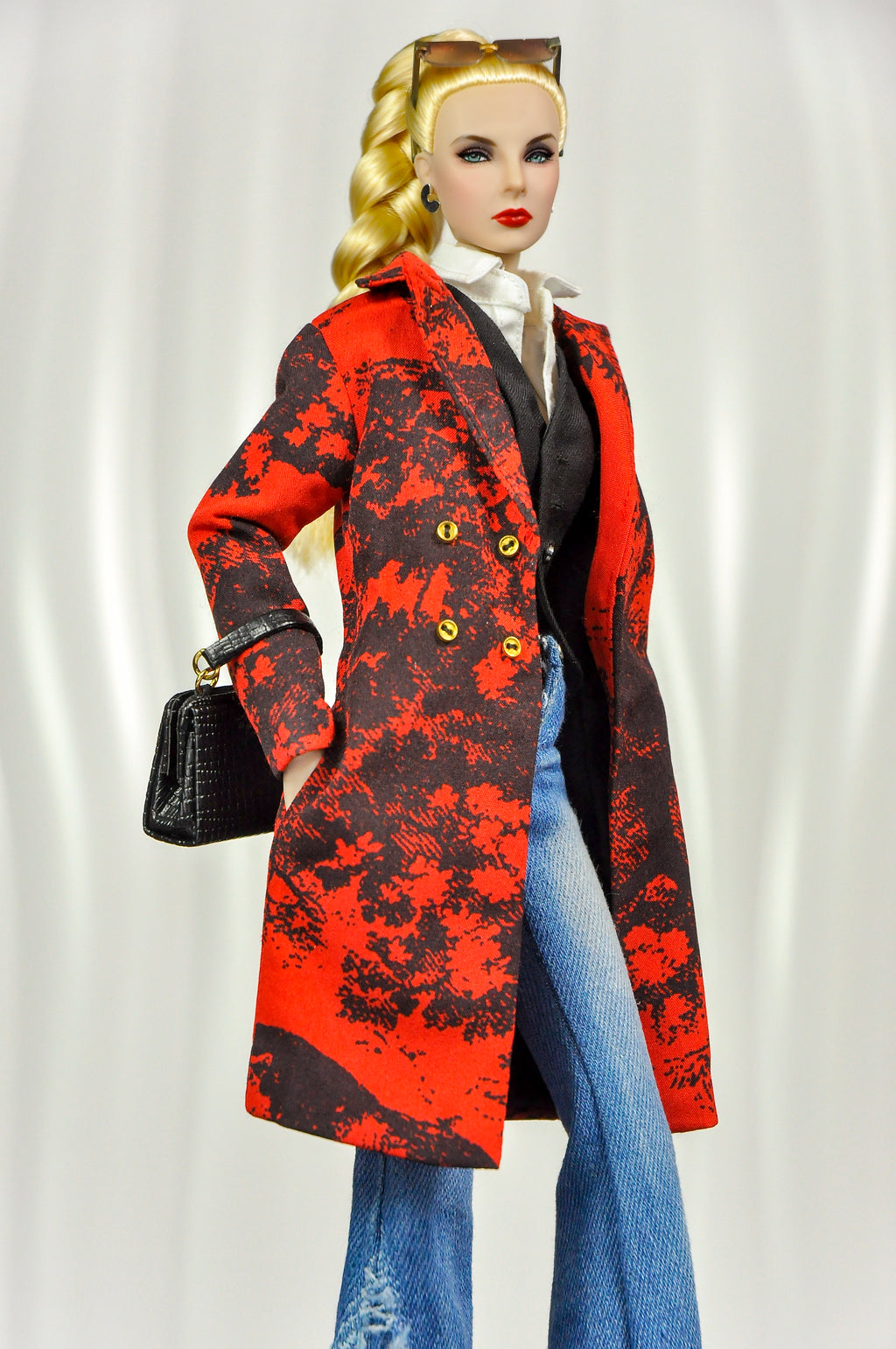 OFF DUTY | Luxury Red Statement Coat & Distressed Flare Jeans Set for 1/6 Dolls | Fashion Royalty Doll Clothes | High-End Barbie Outfit
