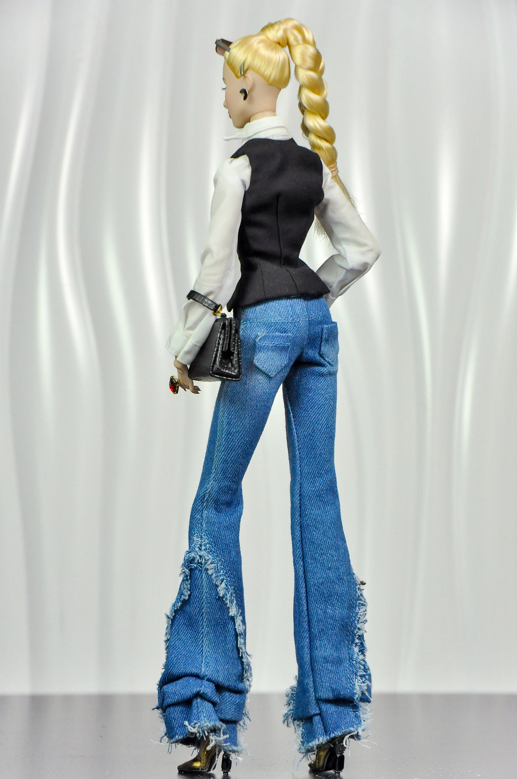 OFF DUTY | Luxury Red Statement Coat & Distressed Flare Jeans Set for 1/6 Dolls | Fashion Royalty Doll Clothes | High-End Barbie Outfit
