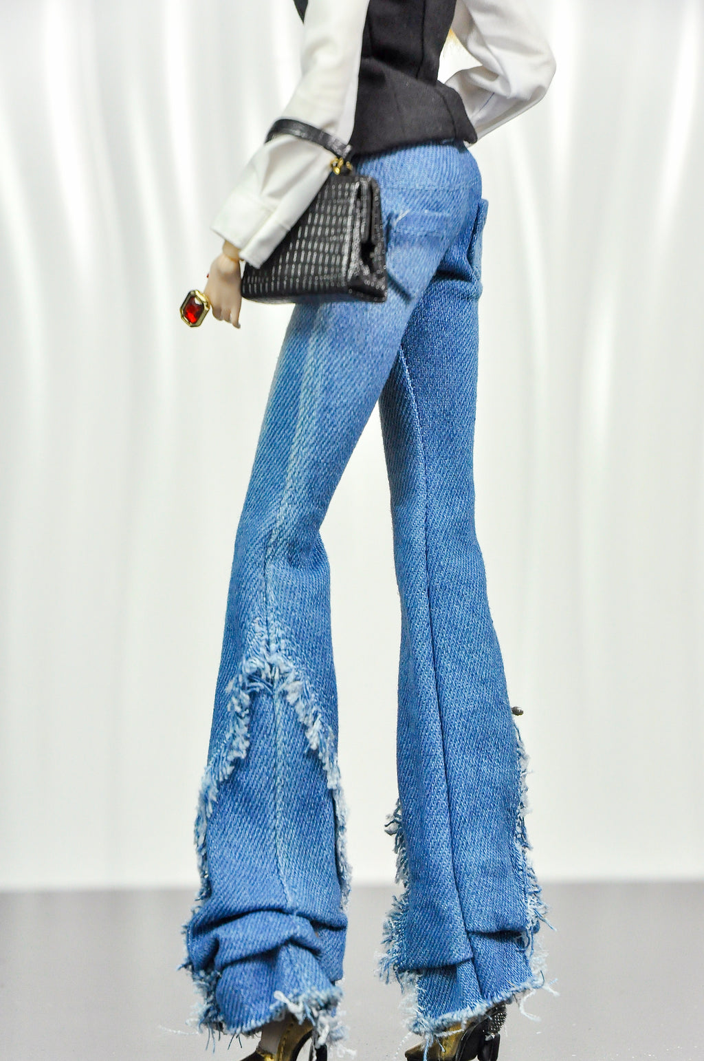 OFF DUTY | Luxury Red Statement Coat & Distressed Flare Jeans Set for 1/6 Dolls | Fashion Royalty Doll Clothes | High-End Barbie Outfit