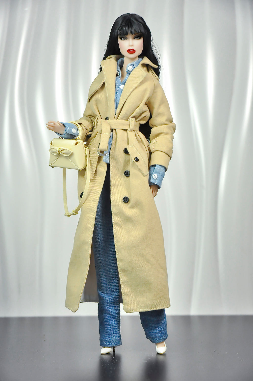 OFF DUTY | Handmade 1/6 Denim Outfit Set with Trench Coat – High Fashion Doll Clothes, Artisan Made Collection